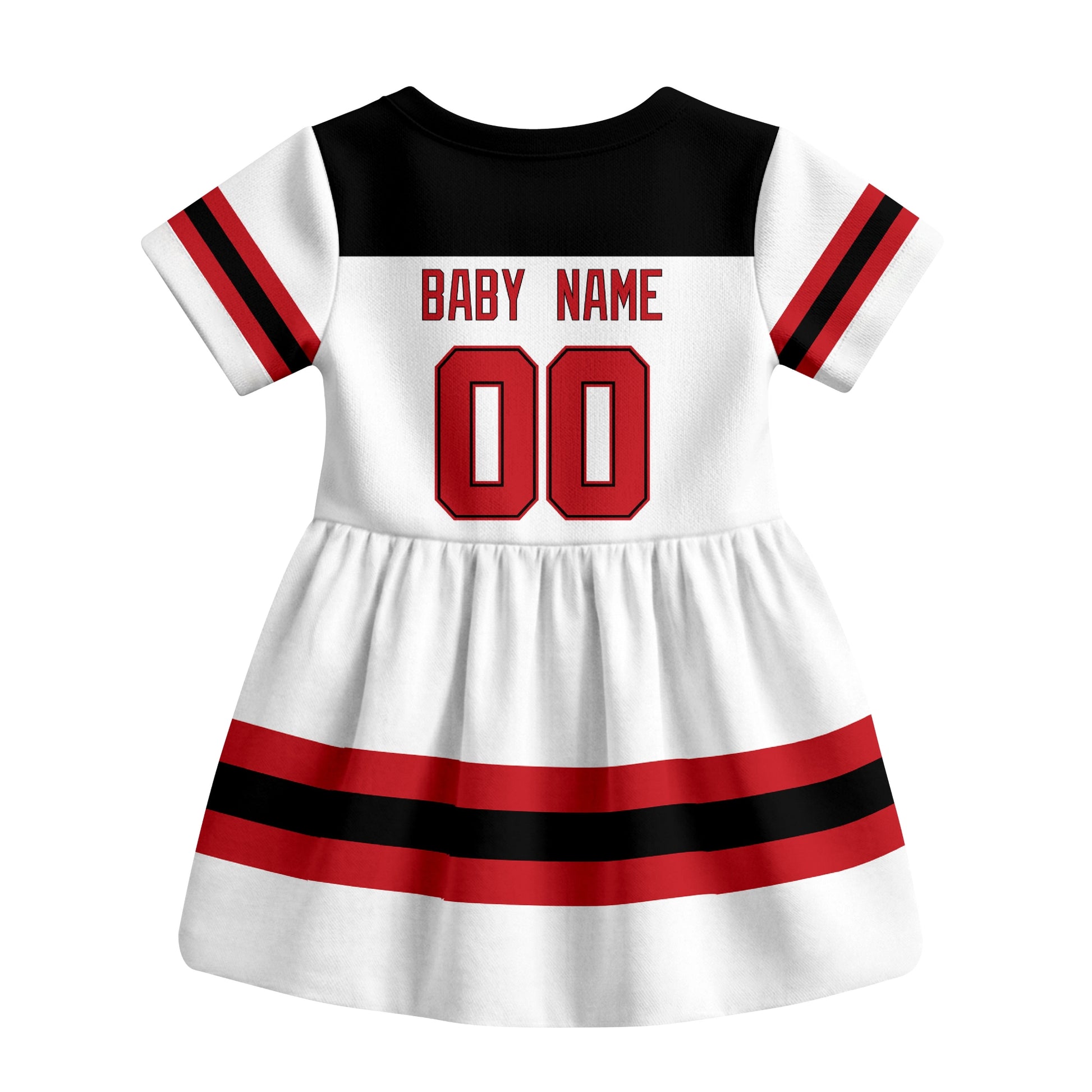 White New Jersey hockey baby bodysuit dress back view with custom baby name and number
