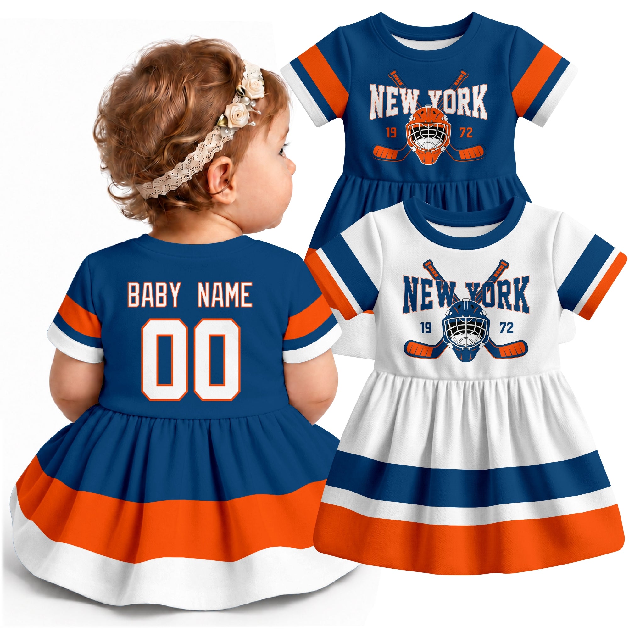 Personalized New York hockey baby bodysuit dress shown on baby with Royal and White city-color styles