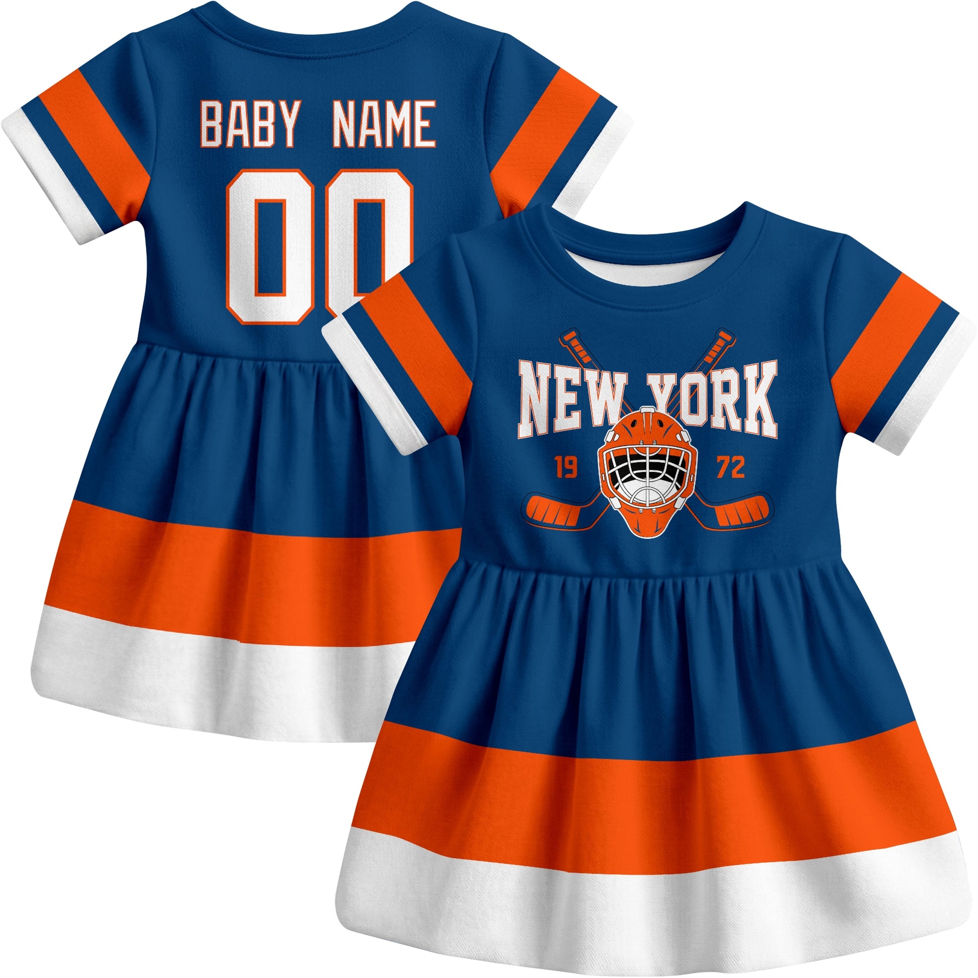 New York hockey baby bodysuit dress Royal style front and back view