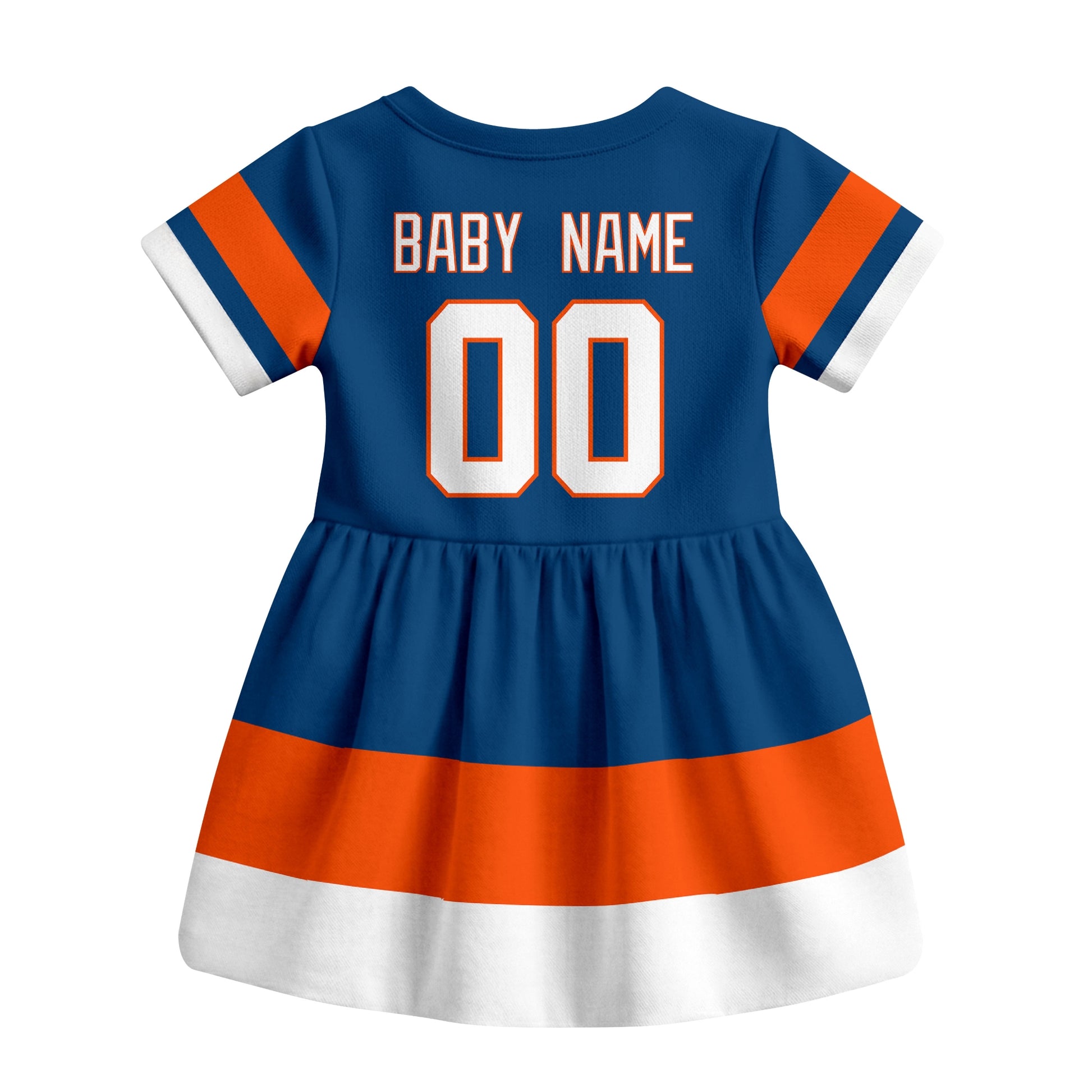 Royal New York hockey baby bodysuit dress back view with custom baby name and number