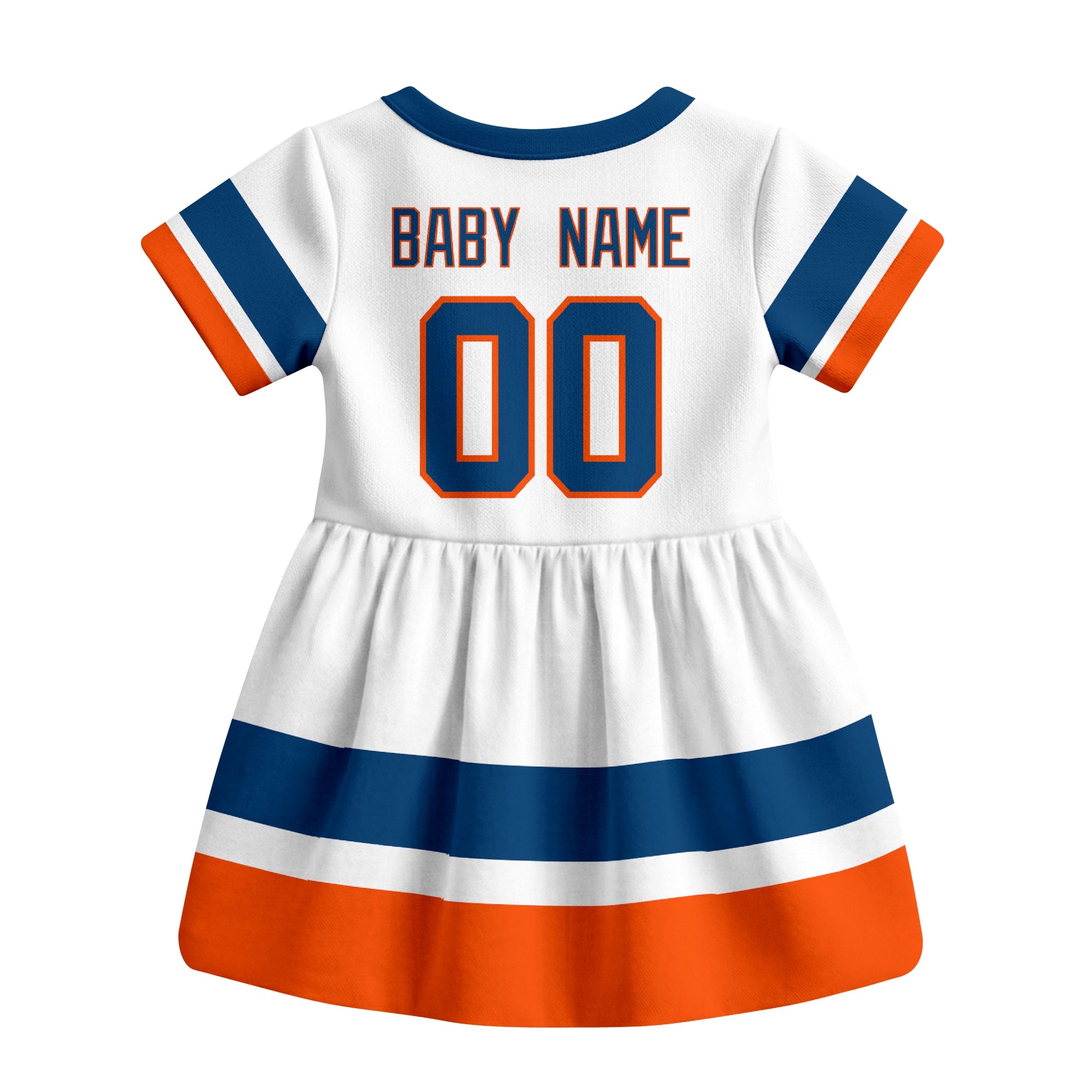 White New York hockey baby bodysuit dress back view with custom baby name and number