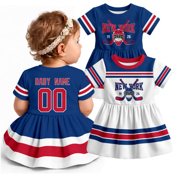 Personalized New York R hockey baby bodysuit dress shown on baby with Blue and White city-color styles