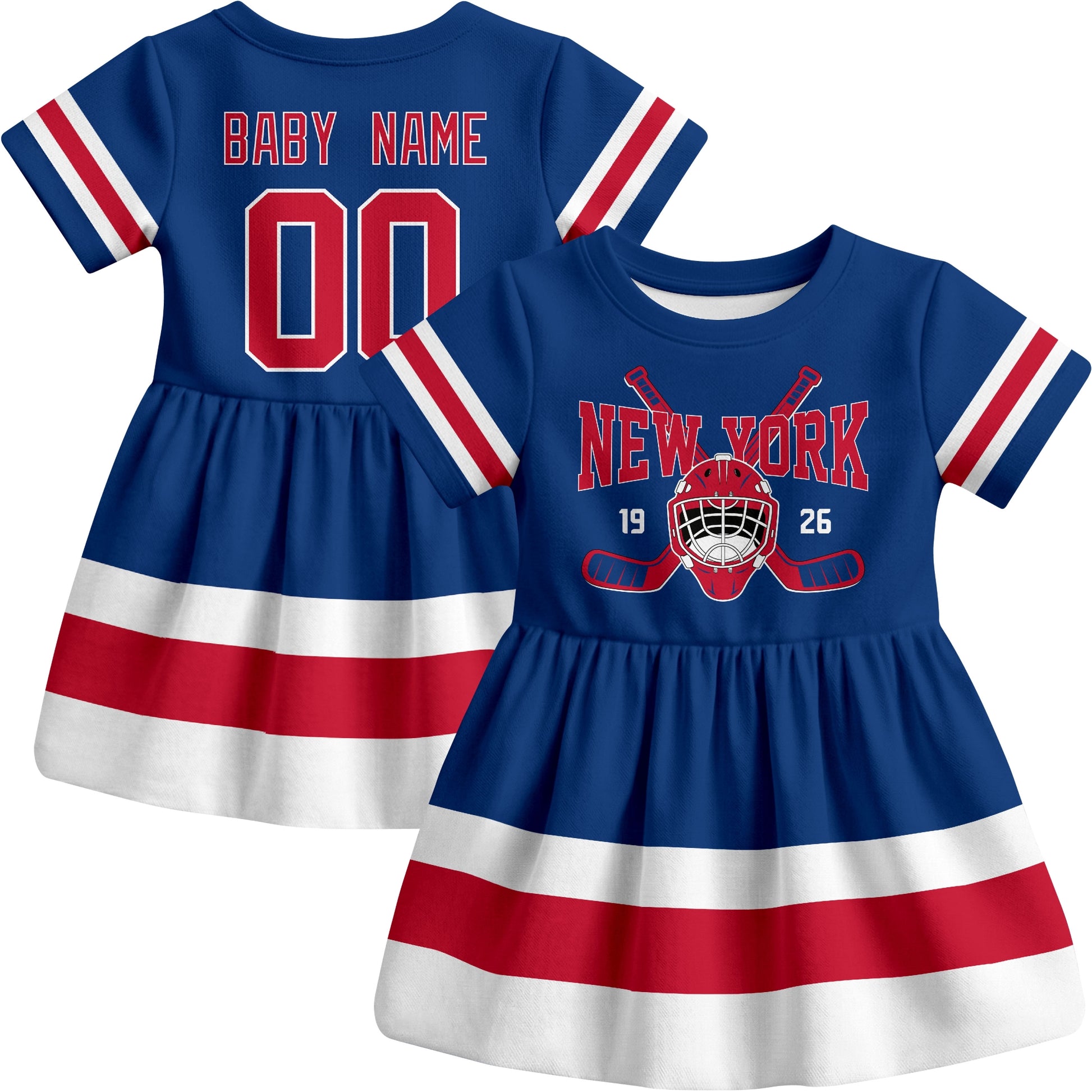 New York R hockey baby bodysuit dress Blue style front and back view