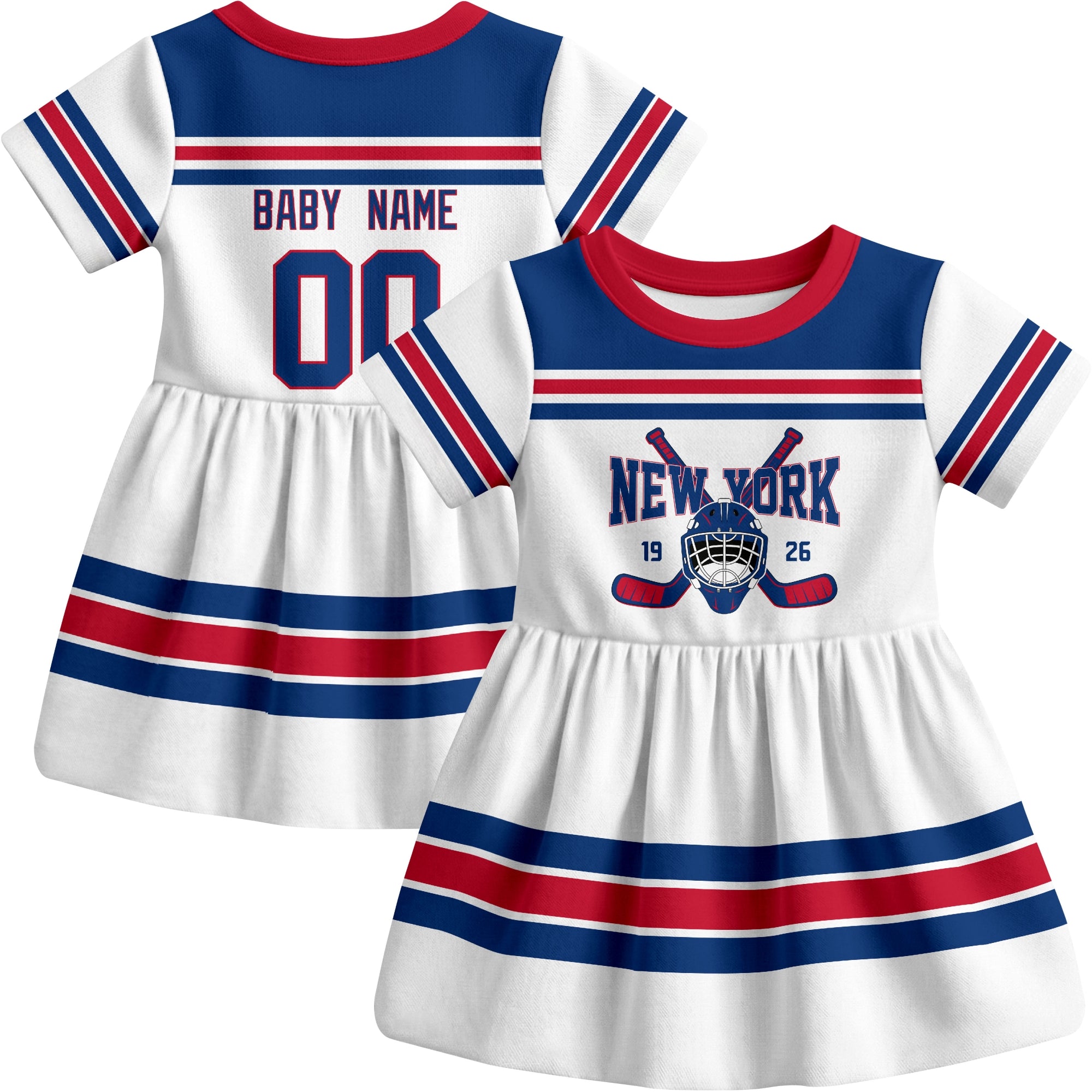 New York R hockey baby bodysuit dress White style front and back view