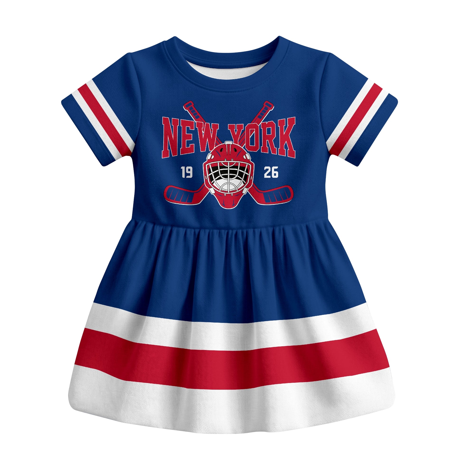 Blue New York R hockey baby bodysuit dress front view