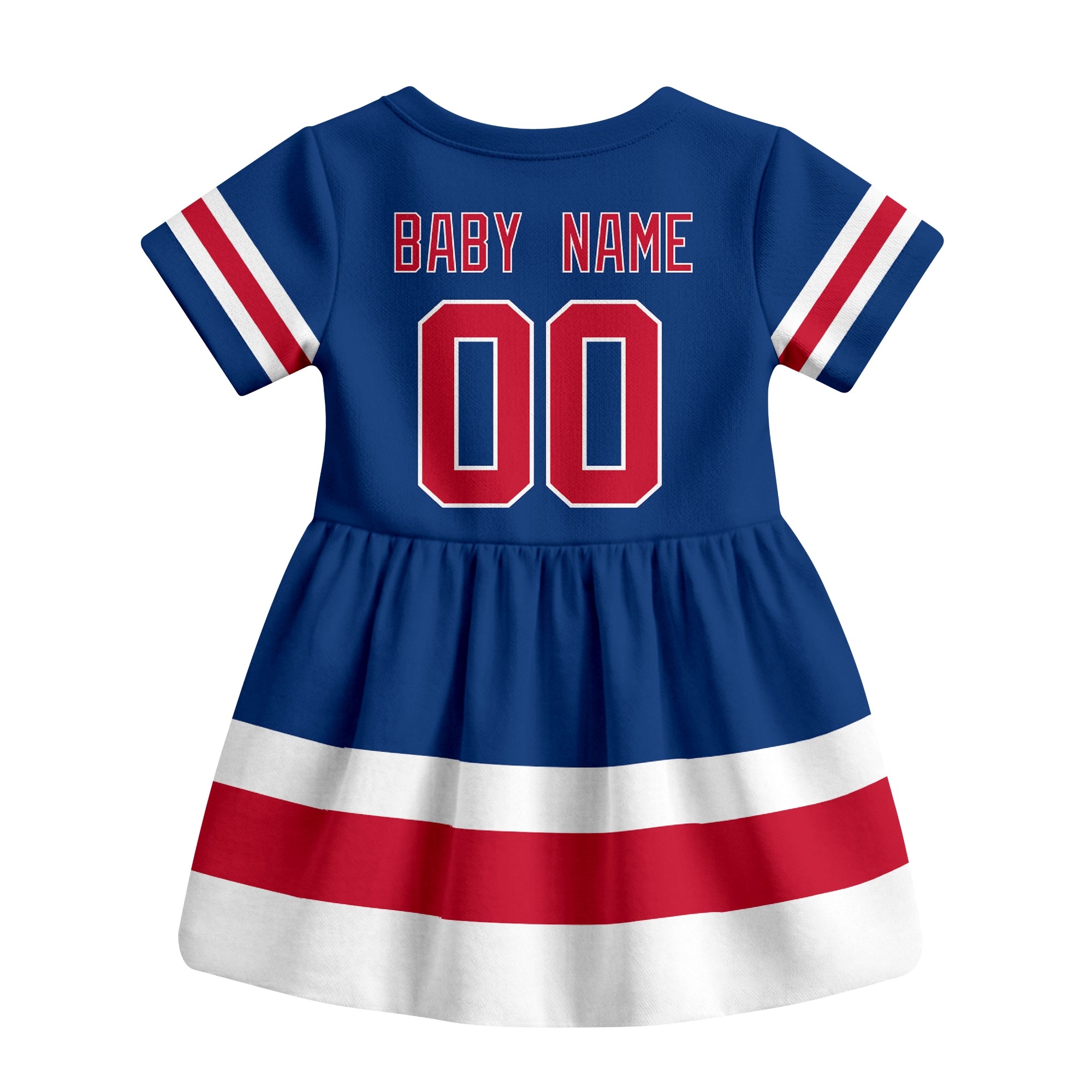 Blue New York R hockey baby bodysuit dress back view with custom baby name and number