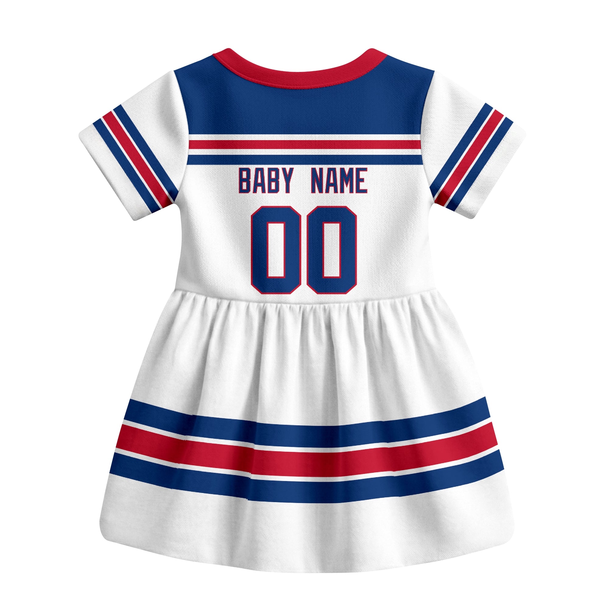 White New York R hockey baby bodysuit dress back view with custom baby name and number