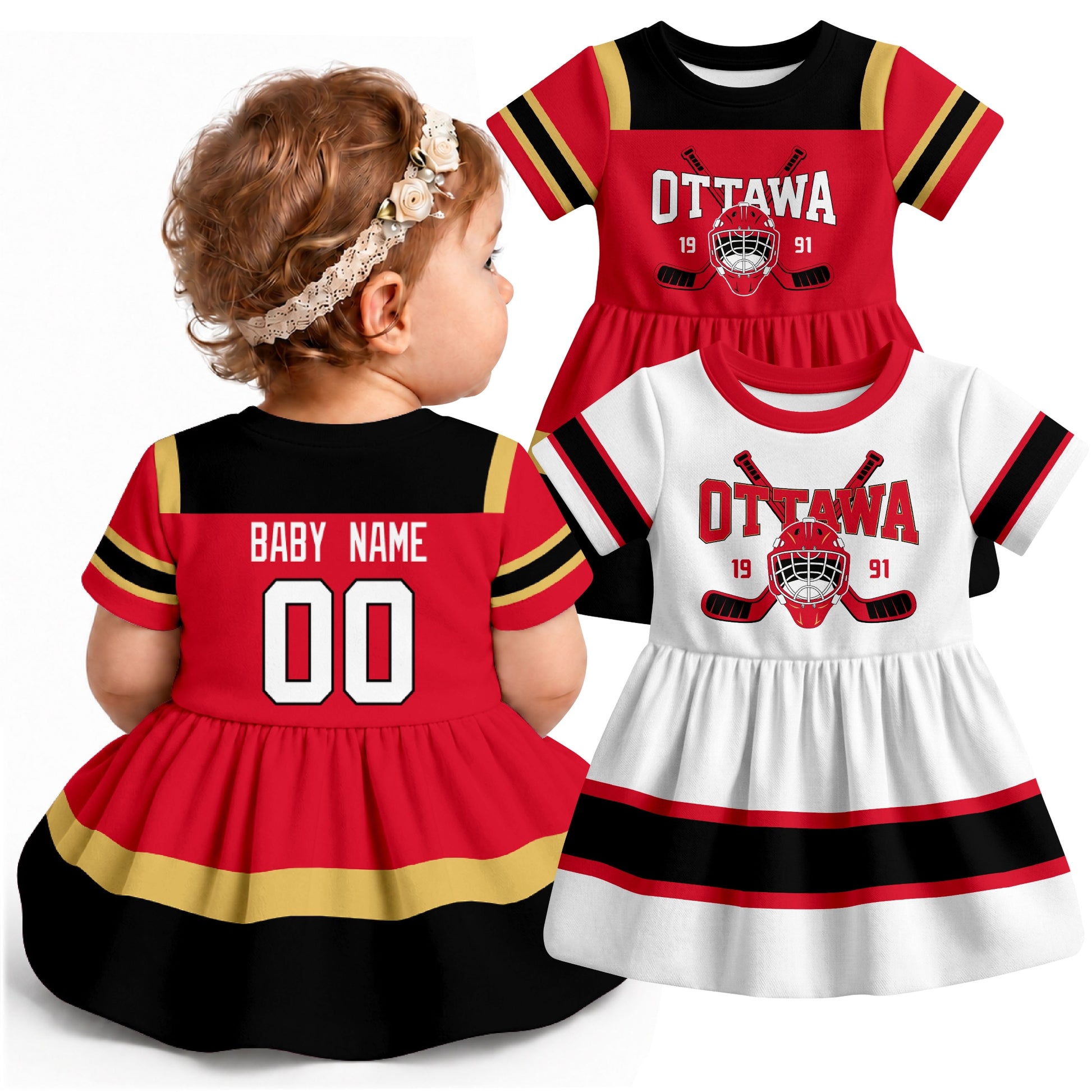 Personalized Ottawa hockey baby bodysuit dress shown on baby with Red and White city-color styles