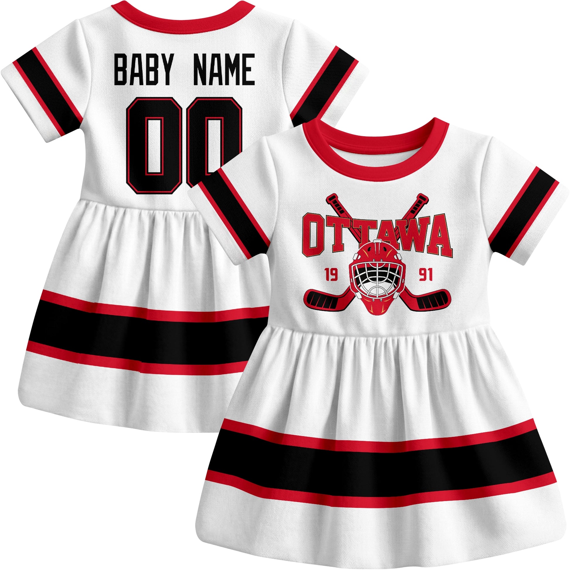 Ottawa hockey baby bodysuit dress White style front and back view