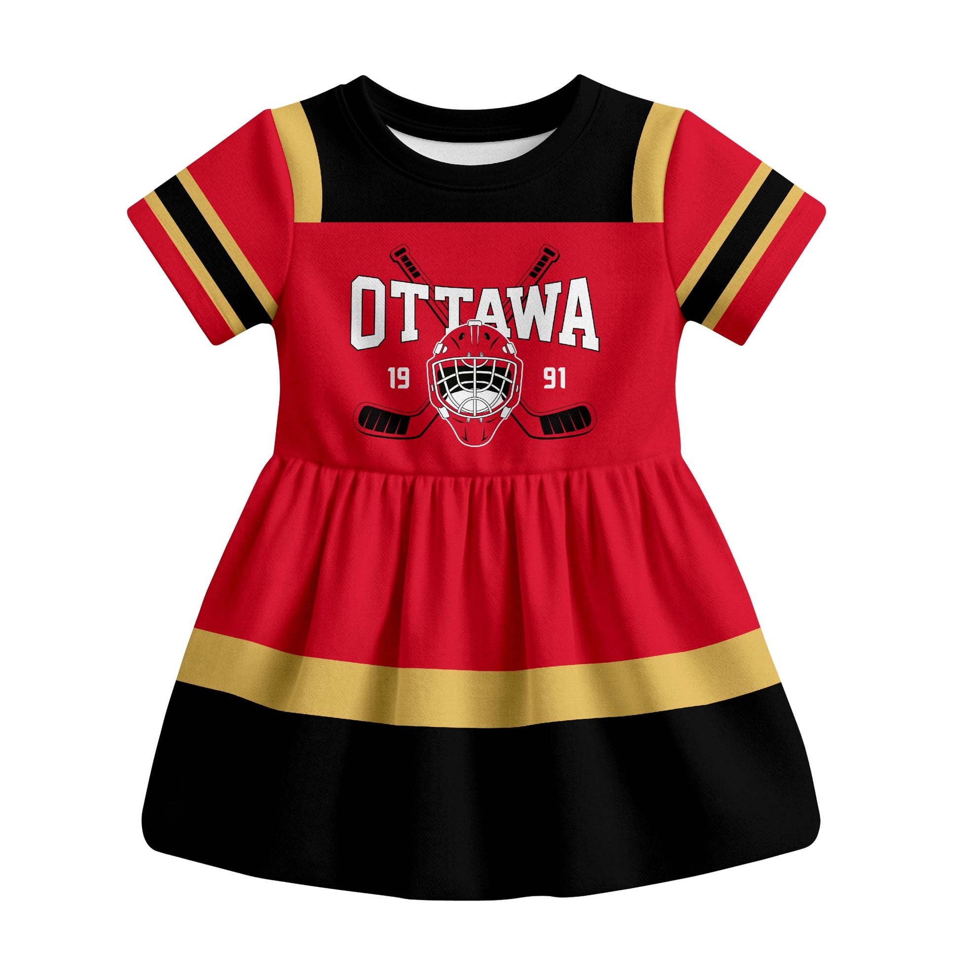Red Ottawa hockey baby bodysuit dress front view