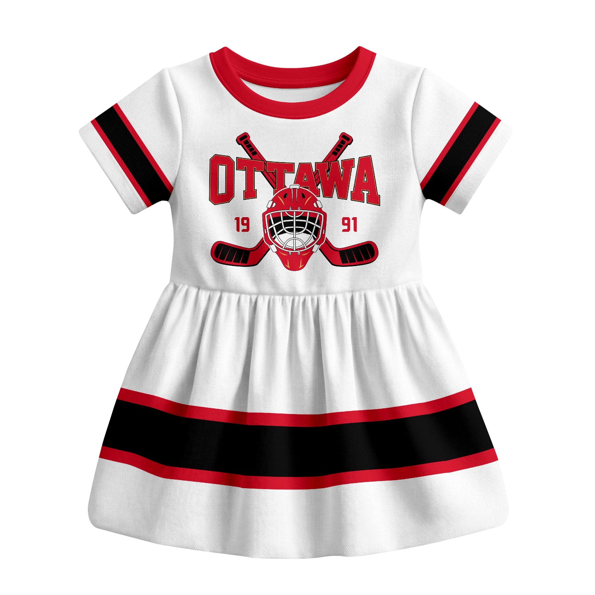 White Ottawa hockey baby bodysuit dress front view