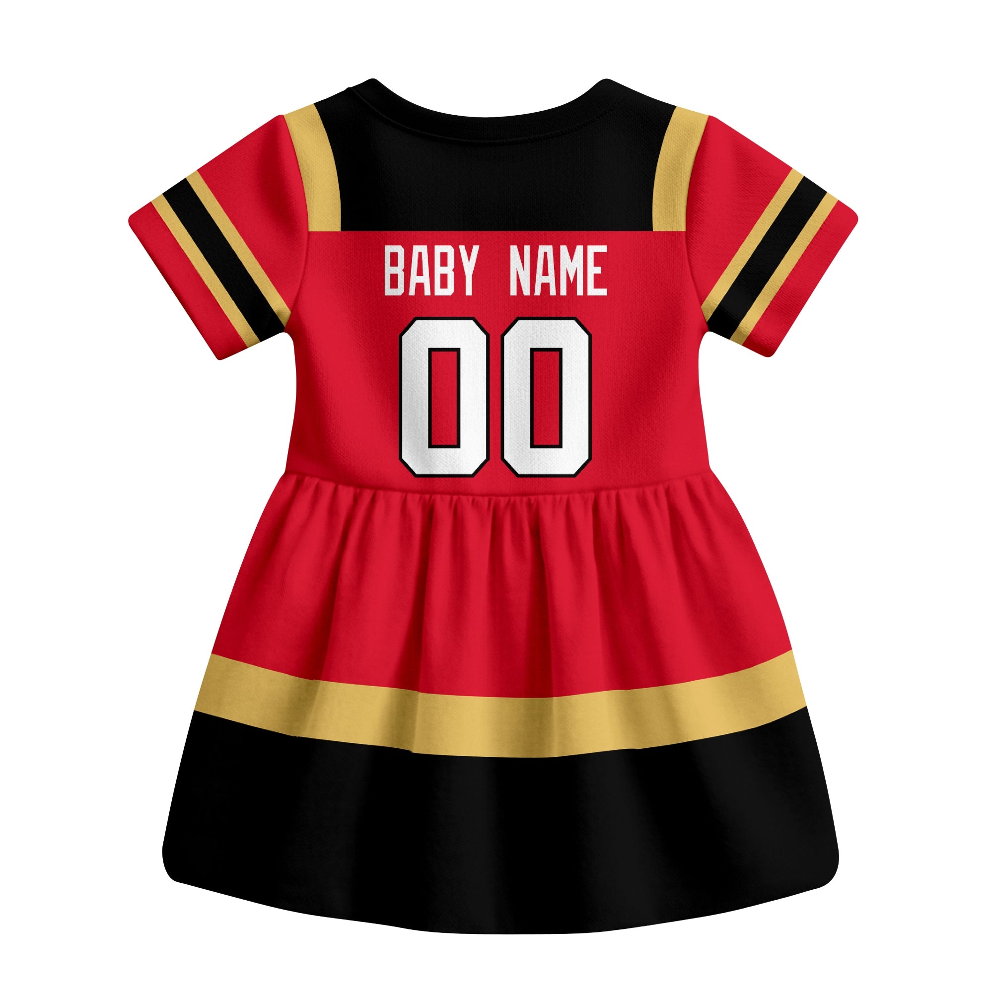 Red Ottawa hockey baby bodysuit dress back view with custom baby name and number