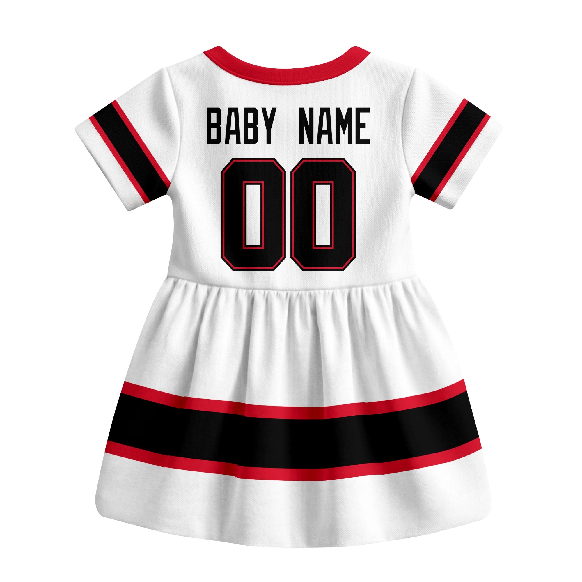 White Ottawa hockey baby bodysuit dress back view with custom baby name and number