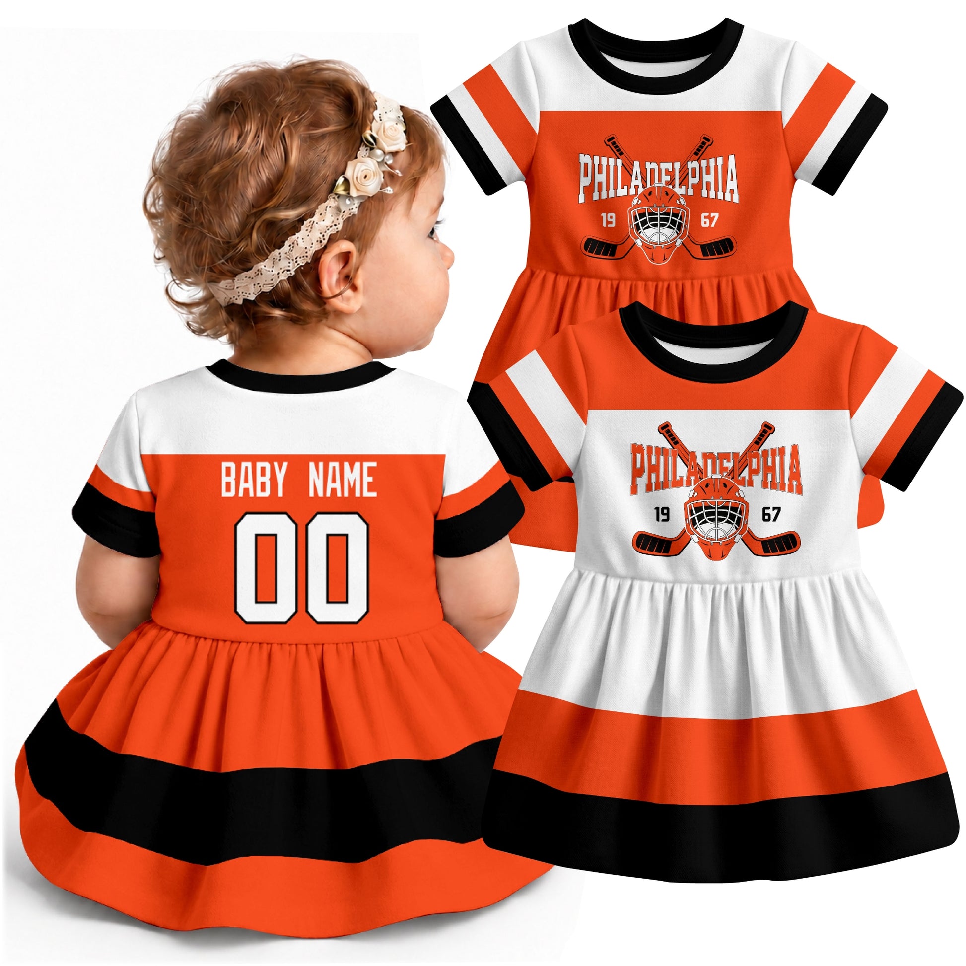 Personalized Philadelphia hockey baby bodysuit dress shown on baby with Orange and White city-color styles