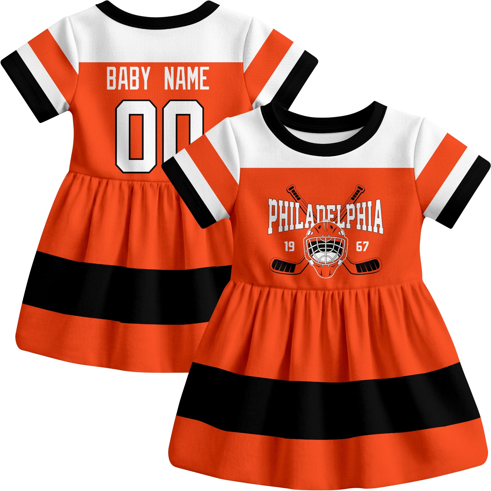 Philadelphia hockey baby bodysuit dress Orange style front and back view
