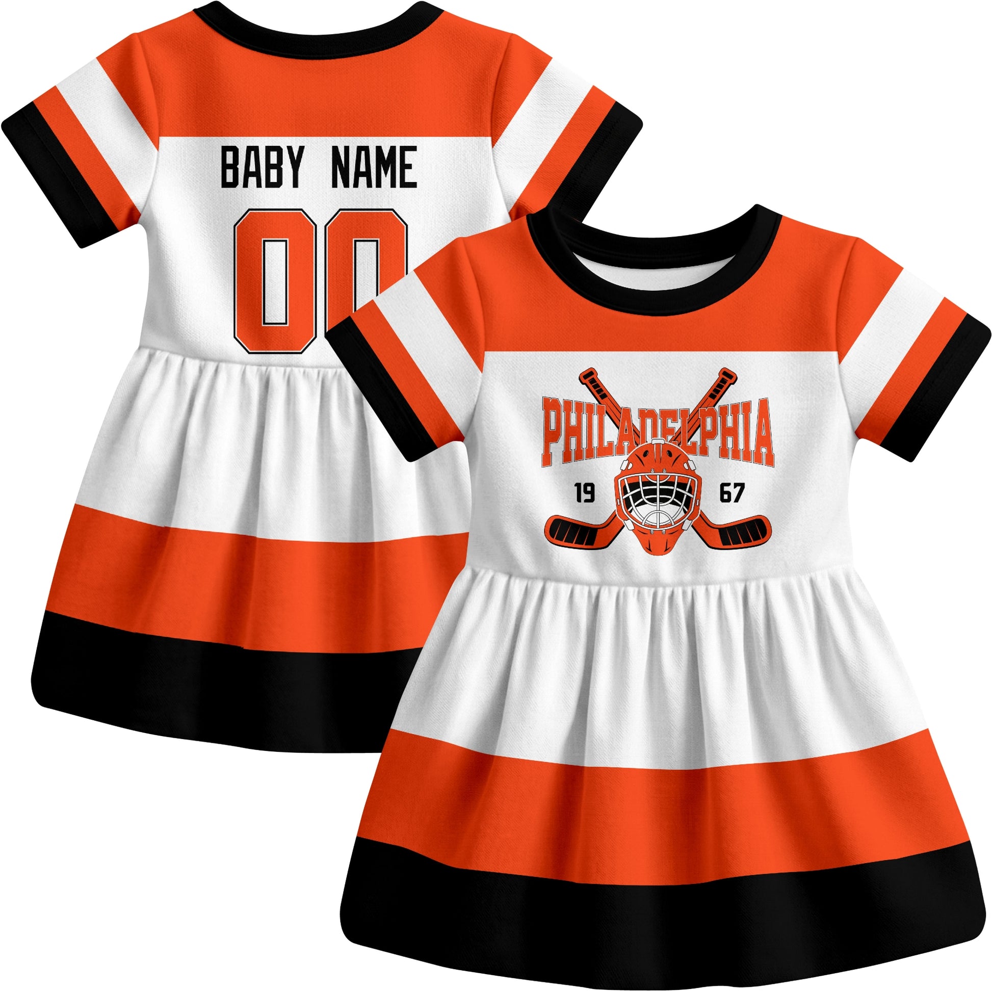 Philadelphia hockey baby bodysuit dress White style front and back view