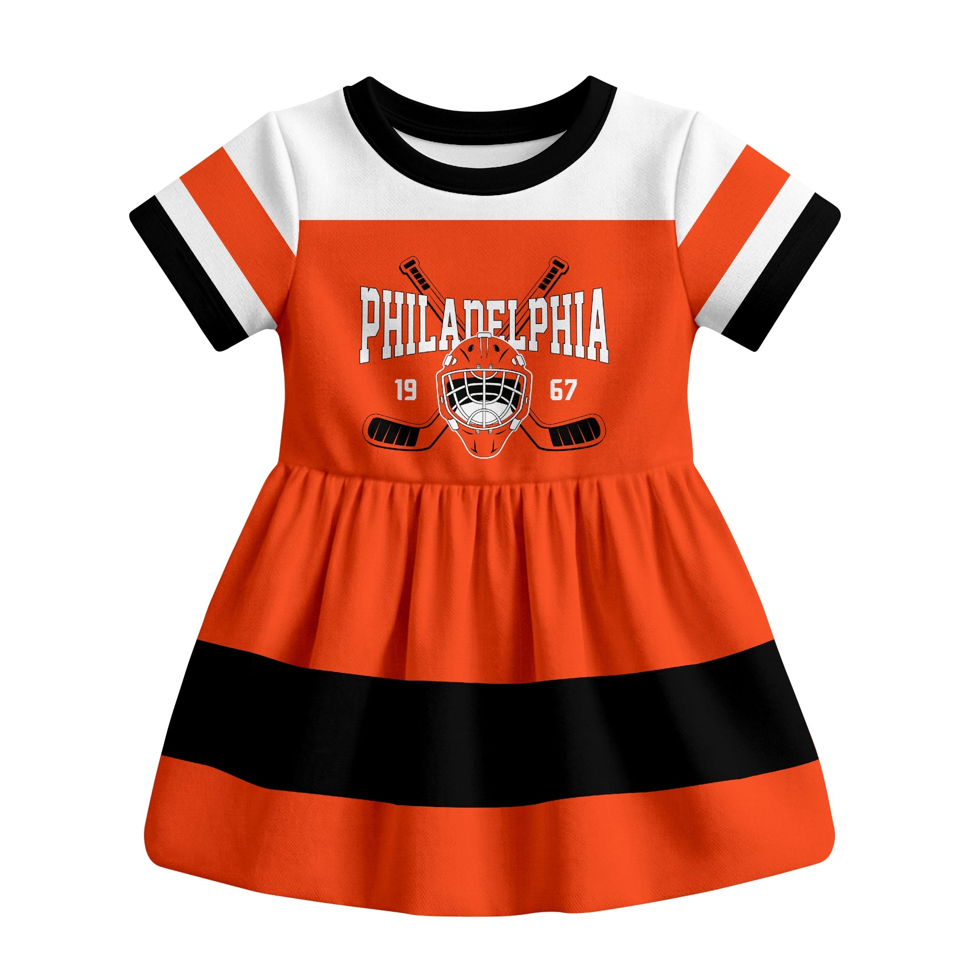 Orange Philadelphia hockey baby bodysuit dress front view