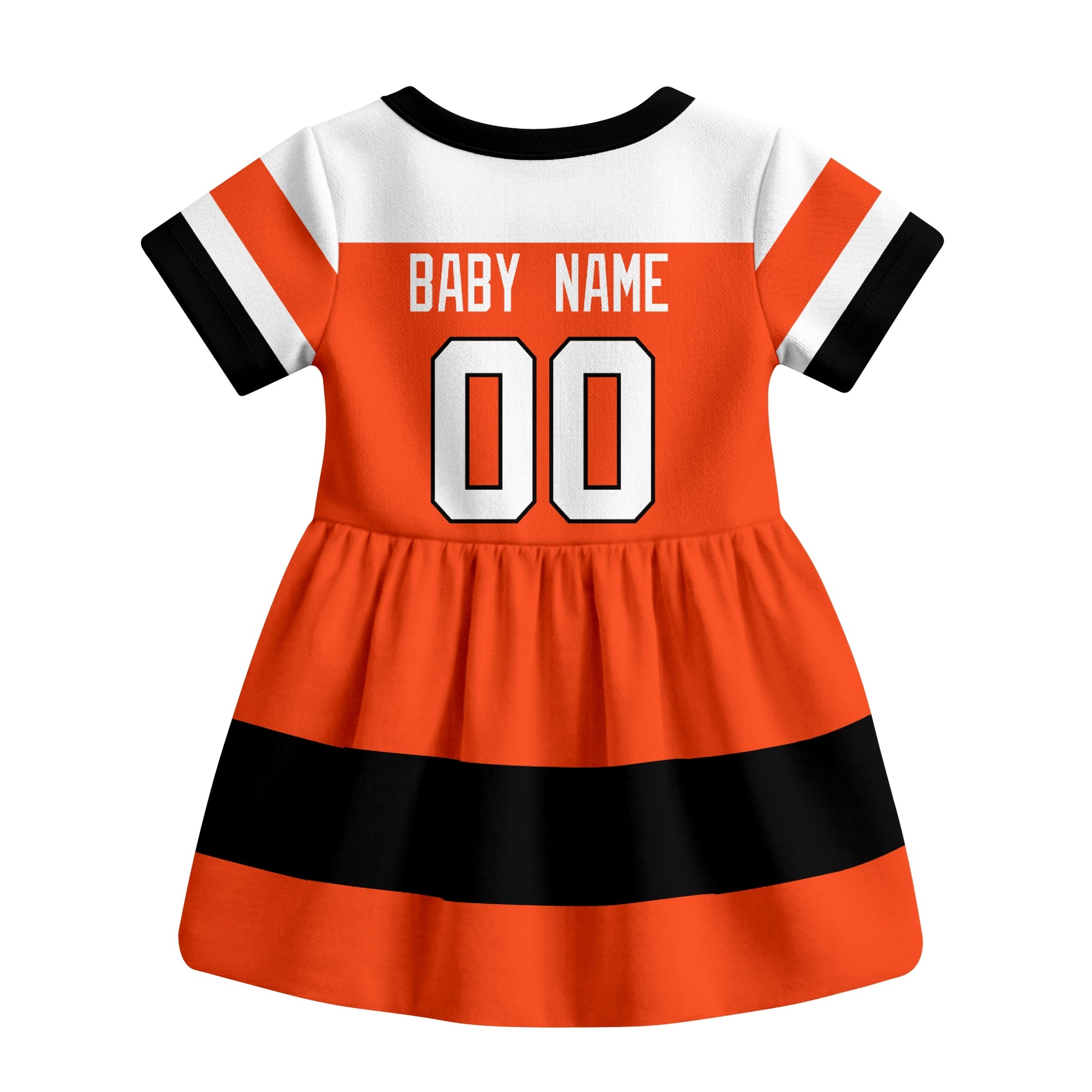 Orange Philadelphia hockey baby bodysuit dress back view with custom baby name and number