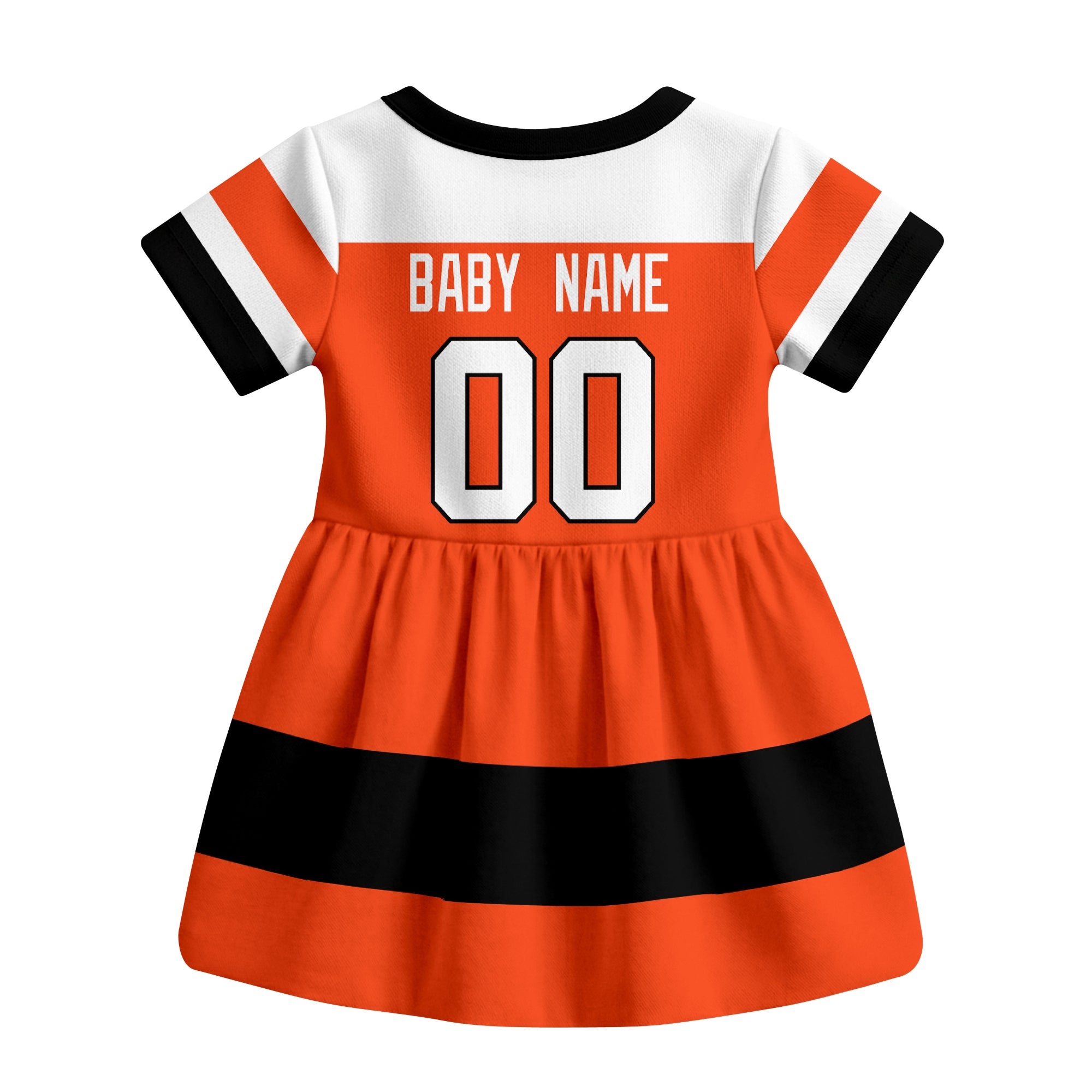 Orange Philadelphia hockey baby bodysuit dress back view with custom baby name and number