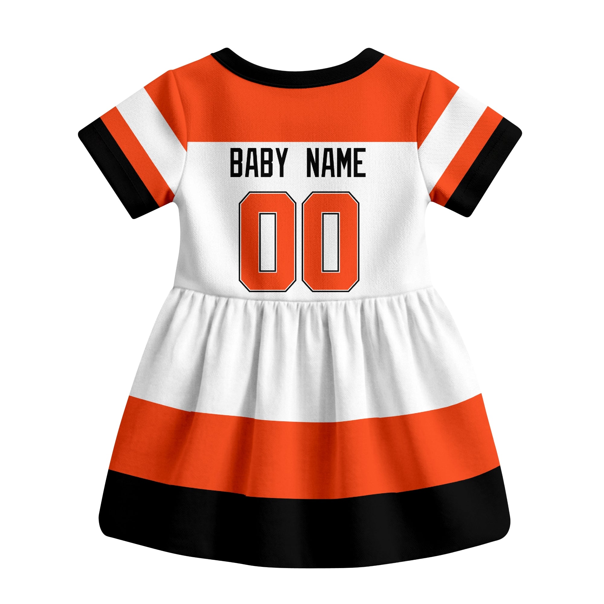 White Philadelphia hockey baby bodysuit dress back view with custom baby name and number
