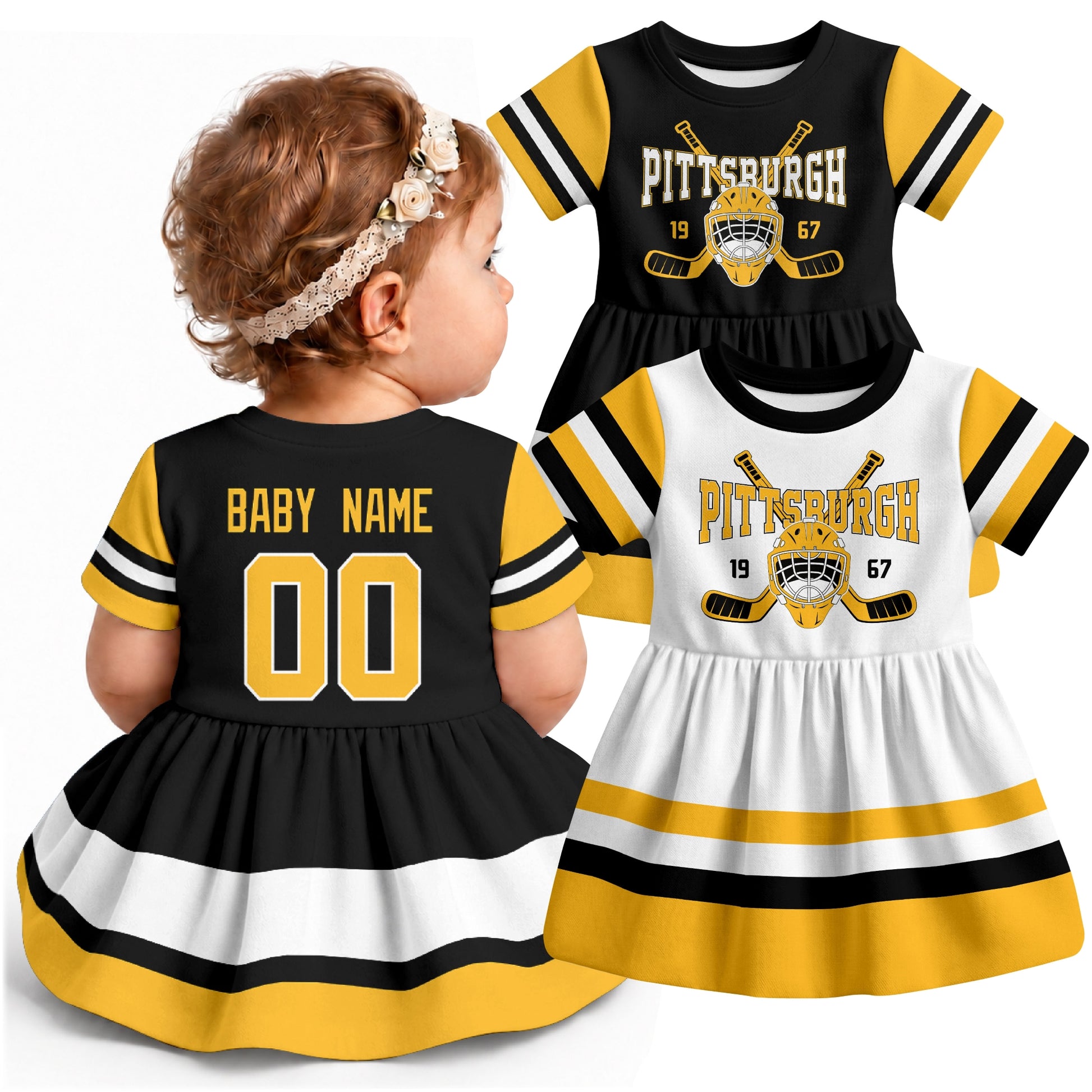 Personalized Pittsburgh hockey baby bodysuit dress shown on baby with Black and White city-color styles