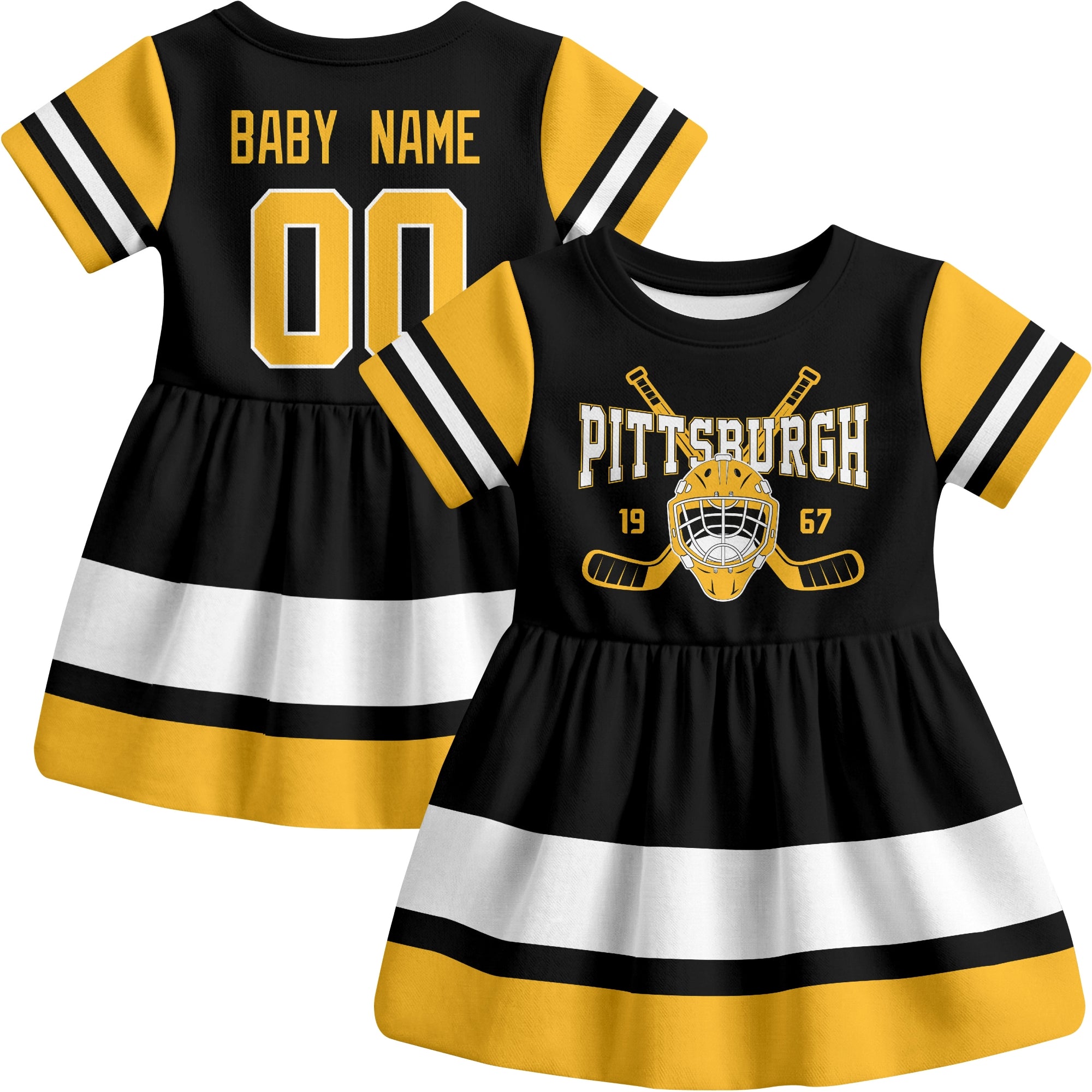 Pittsburgh hockey baby bodysuit dress Black style front and back view