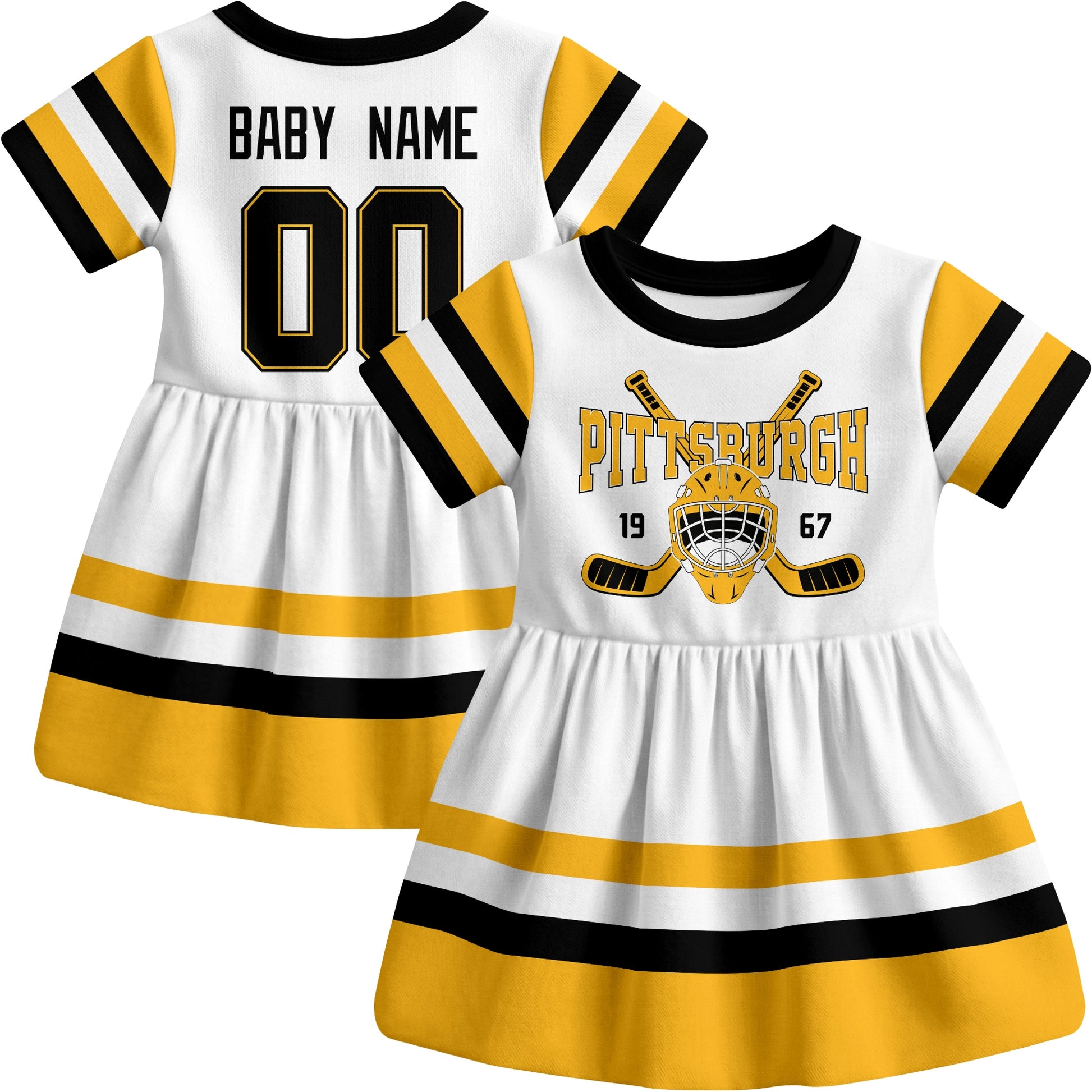Pittsburgh hockey baby bodysuit dress White style front and back view