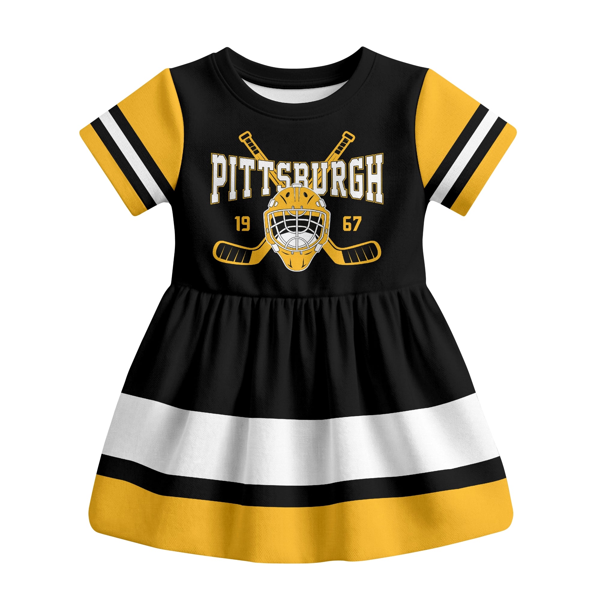 Black Pittsburgh hockey baby bodysuit dress front view
