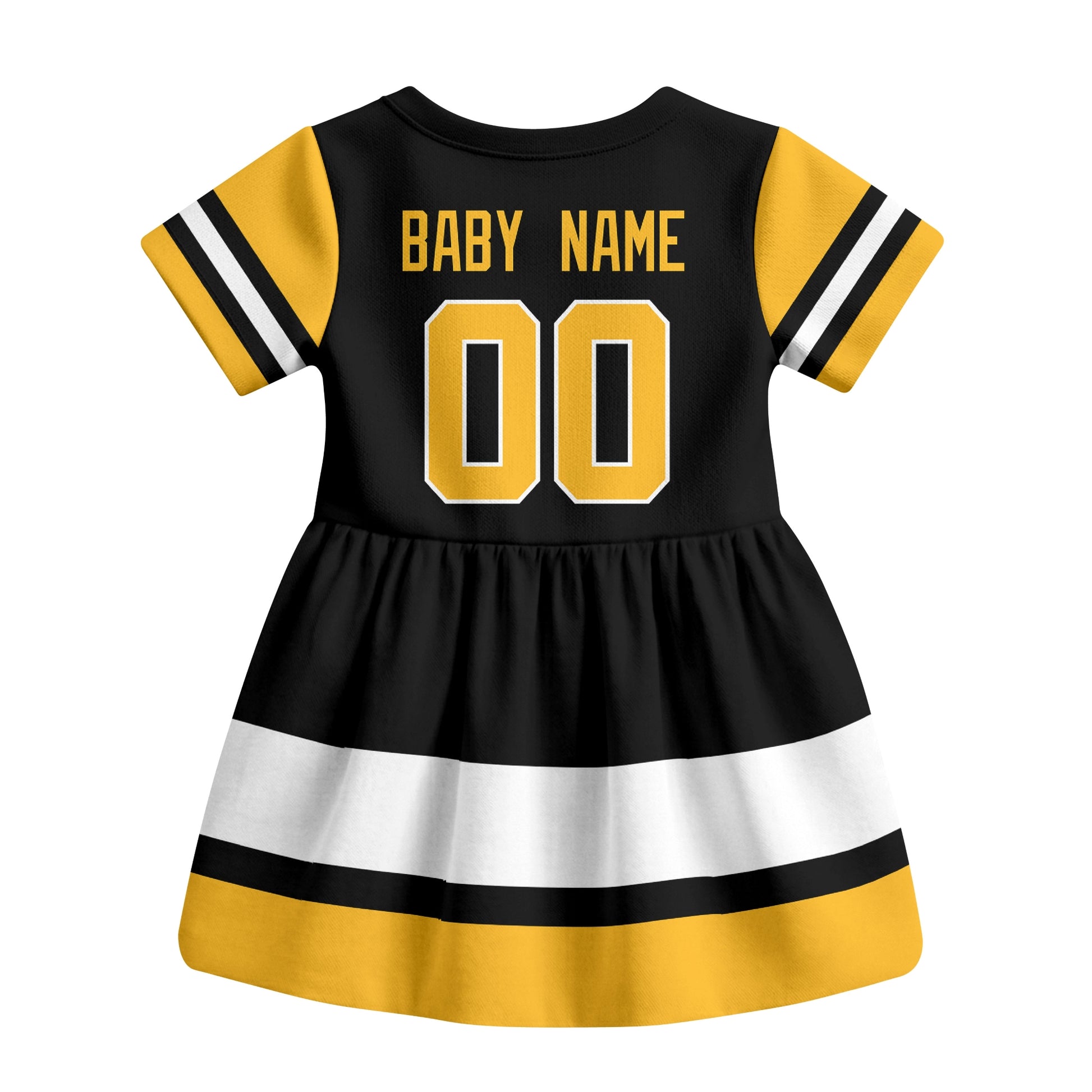 Black Pittsburgh hockey baby bodysuit dress back view with custom baby name and number