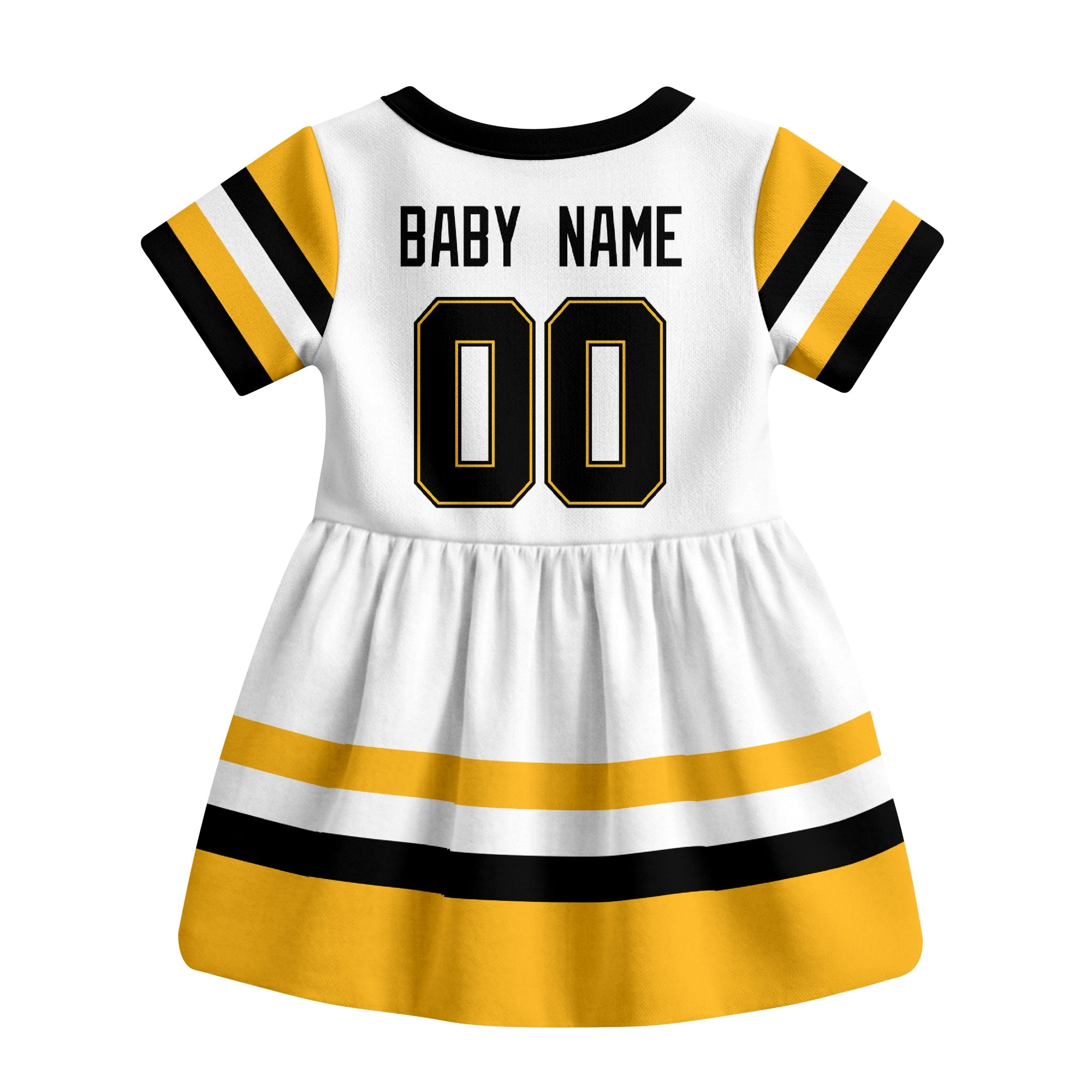 White Pittsburgh hockey baby bodysuit dress back view with custom baby name and number