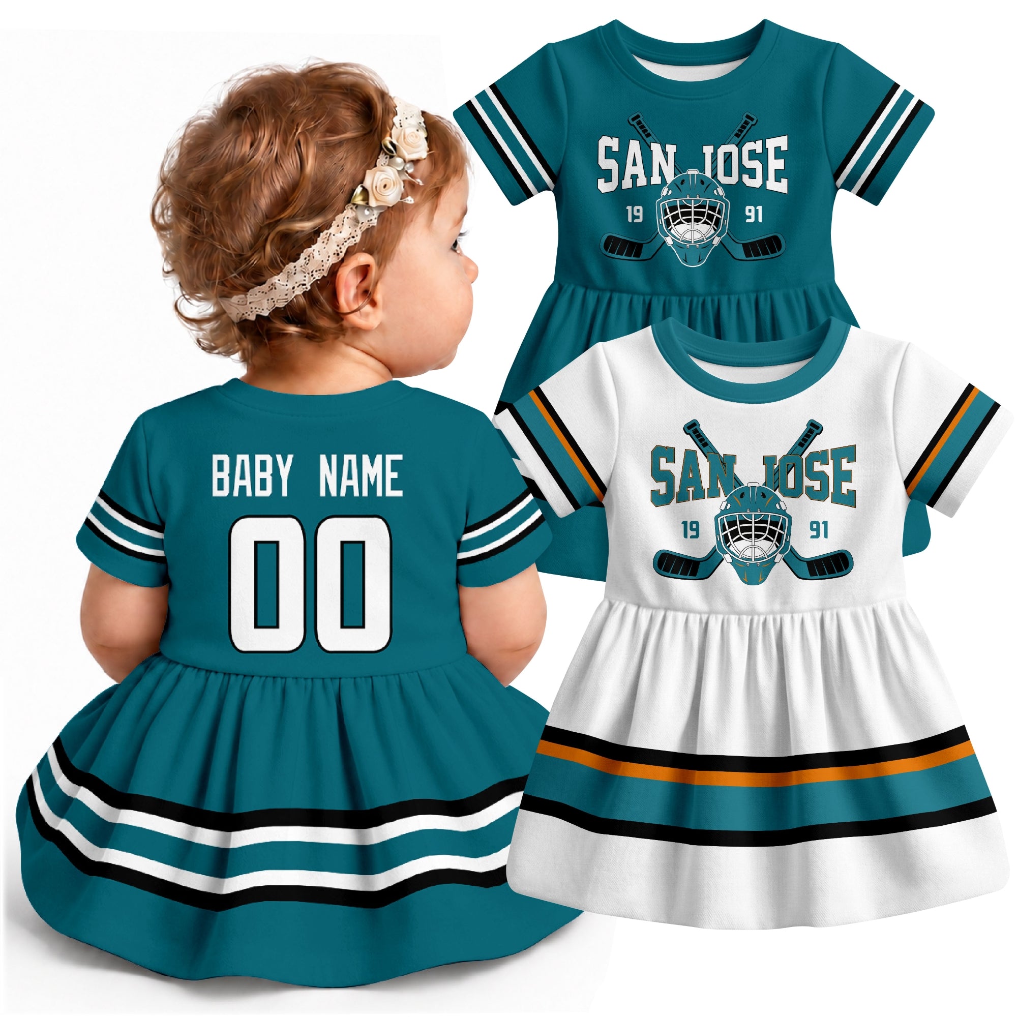 Personalized San Jose hockey baby bodysuit dress shown on baby with Teal and White city-color styles