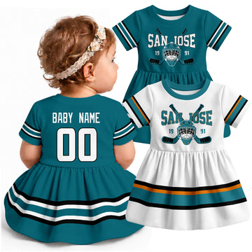 Personalized San Jose hockey baby bodysuit dress shown on baby with Teal and White city-color styles