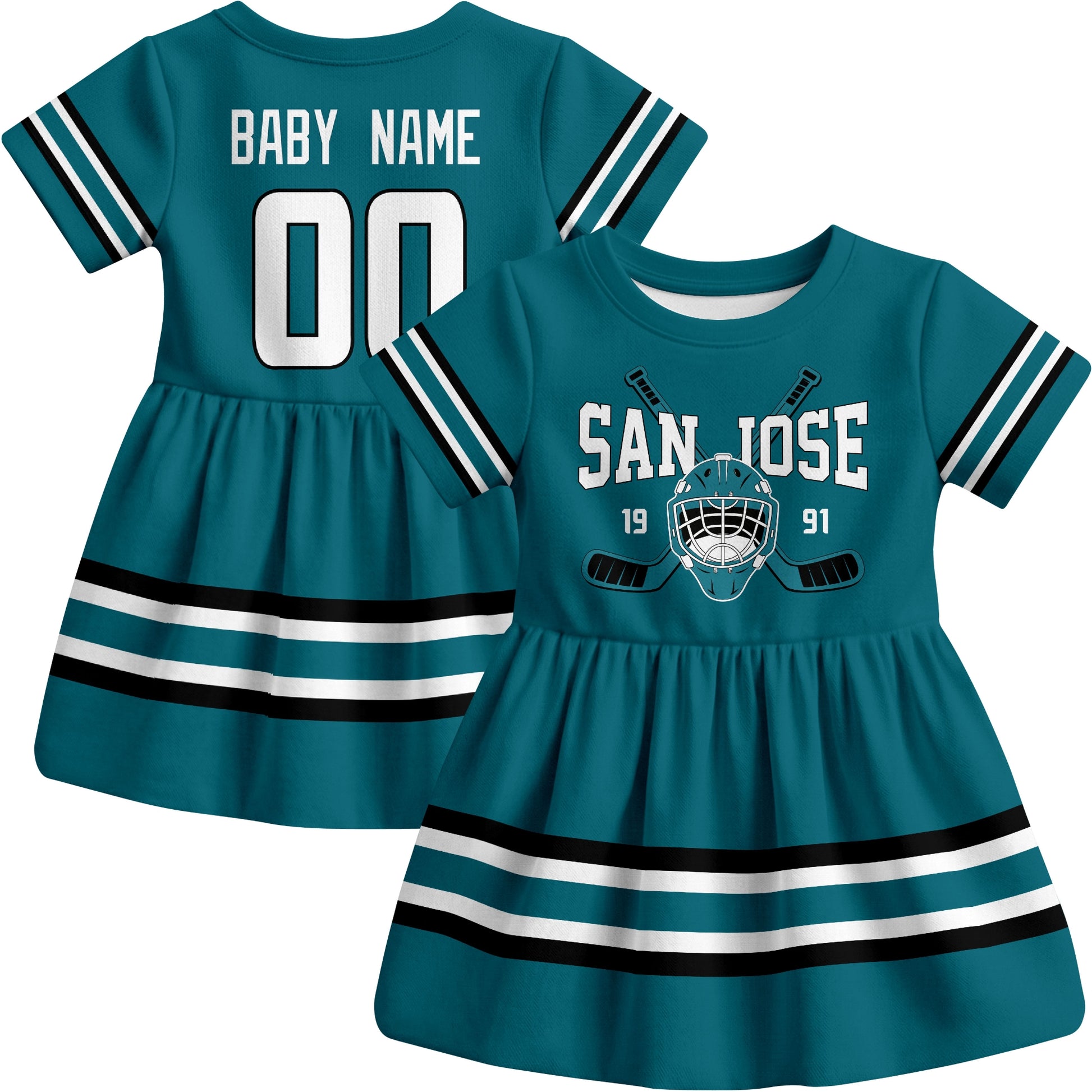 San Jose hockey baby bodysuit dress Teal style front and back view