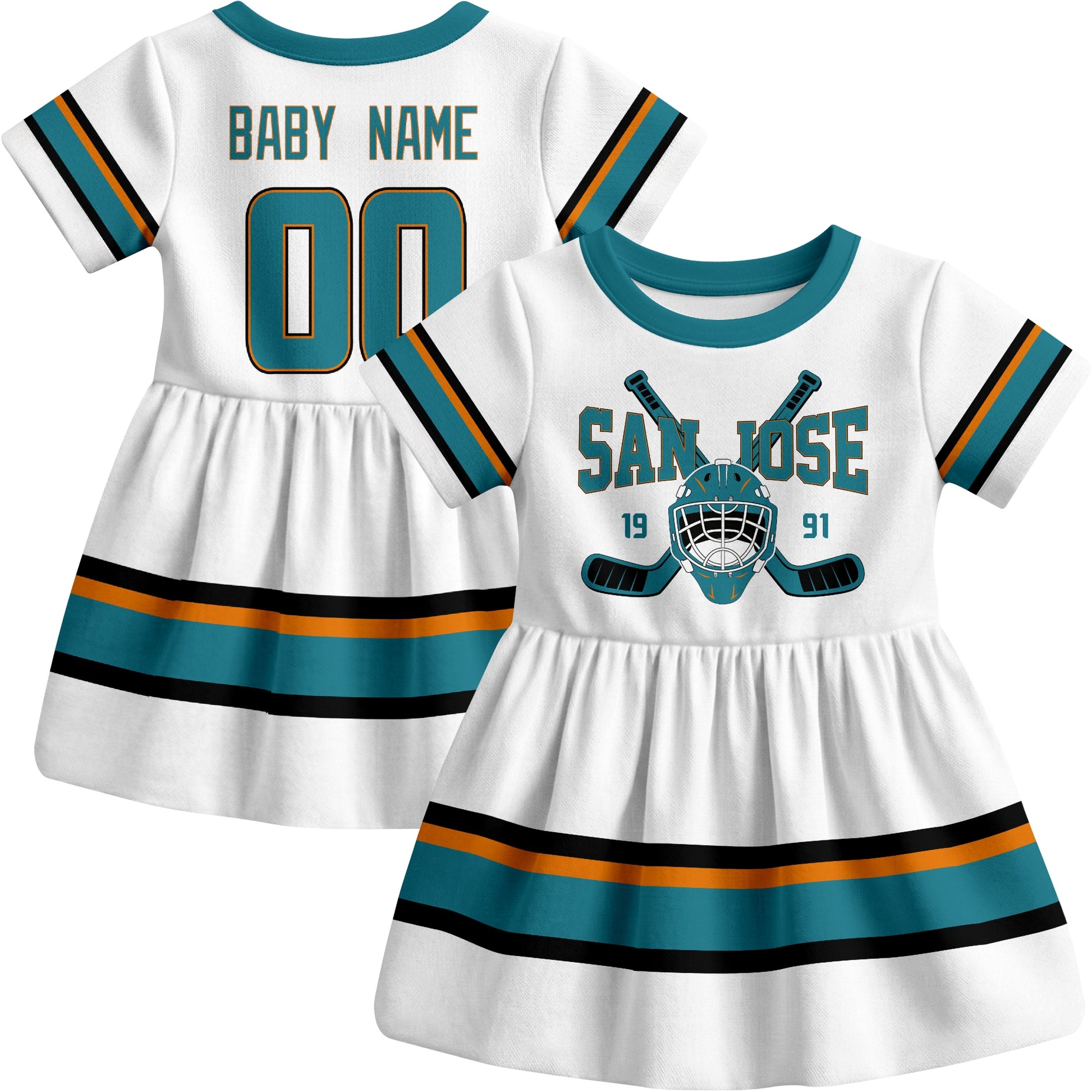 San Jose hockey baby bodysuit dress White style front and back view