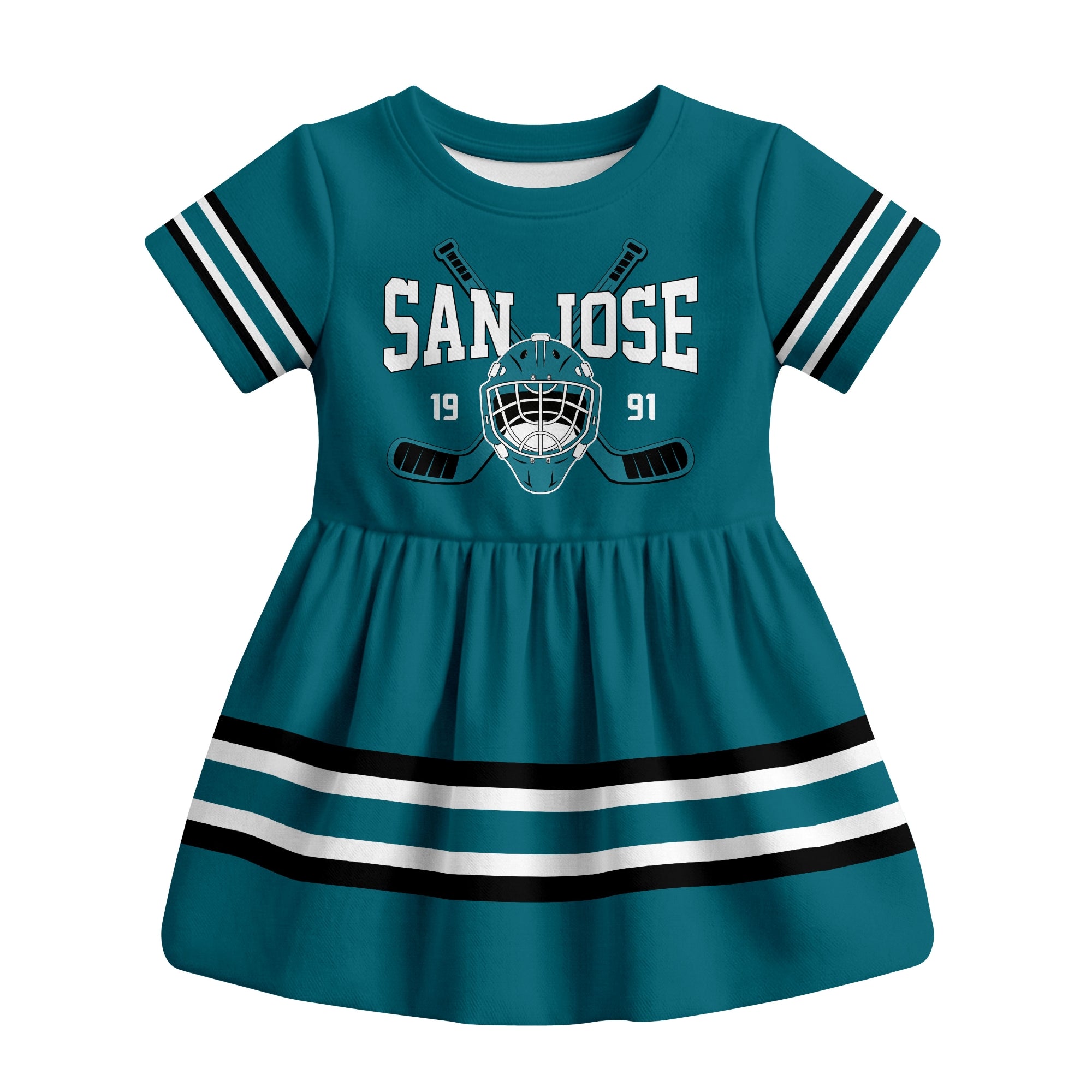 Teal San Jose hockey baby bodysuit dress front view
