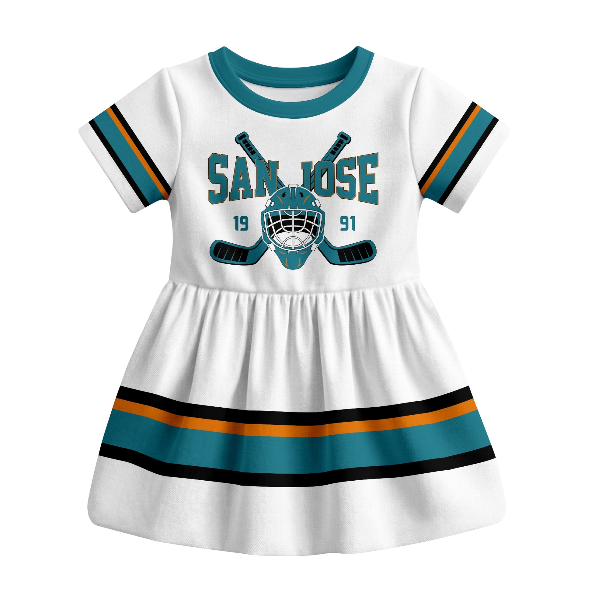 White San Jose hockey baby bodysuit dress front view