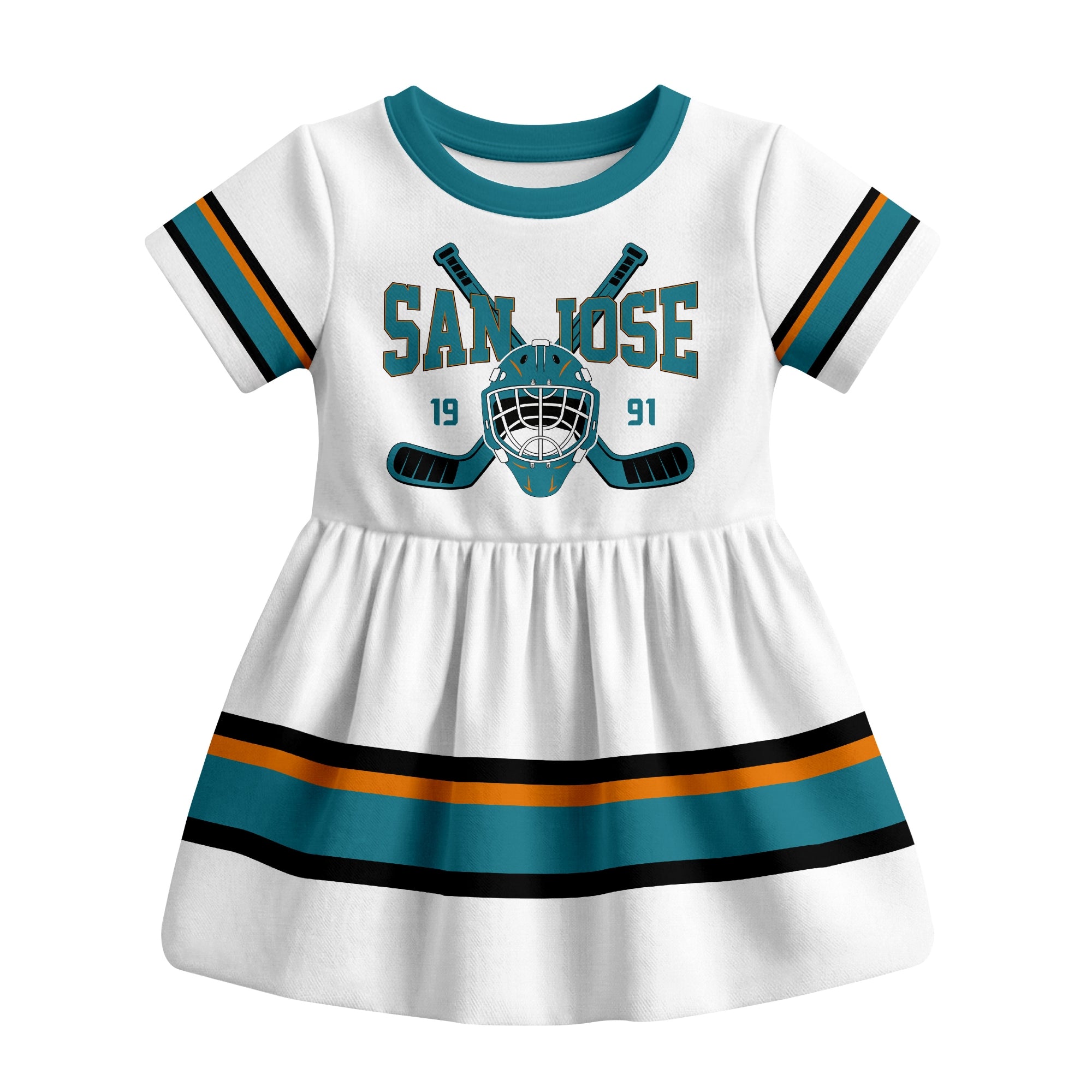White San Jose hockey baby bodysuit dress front view