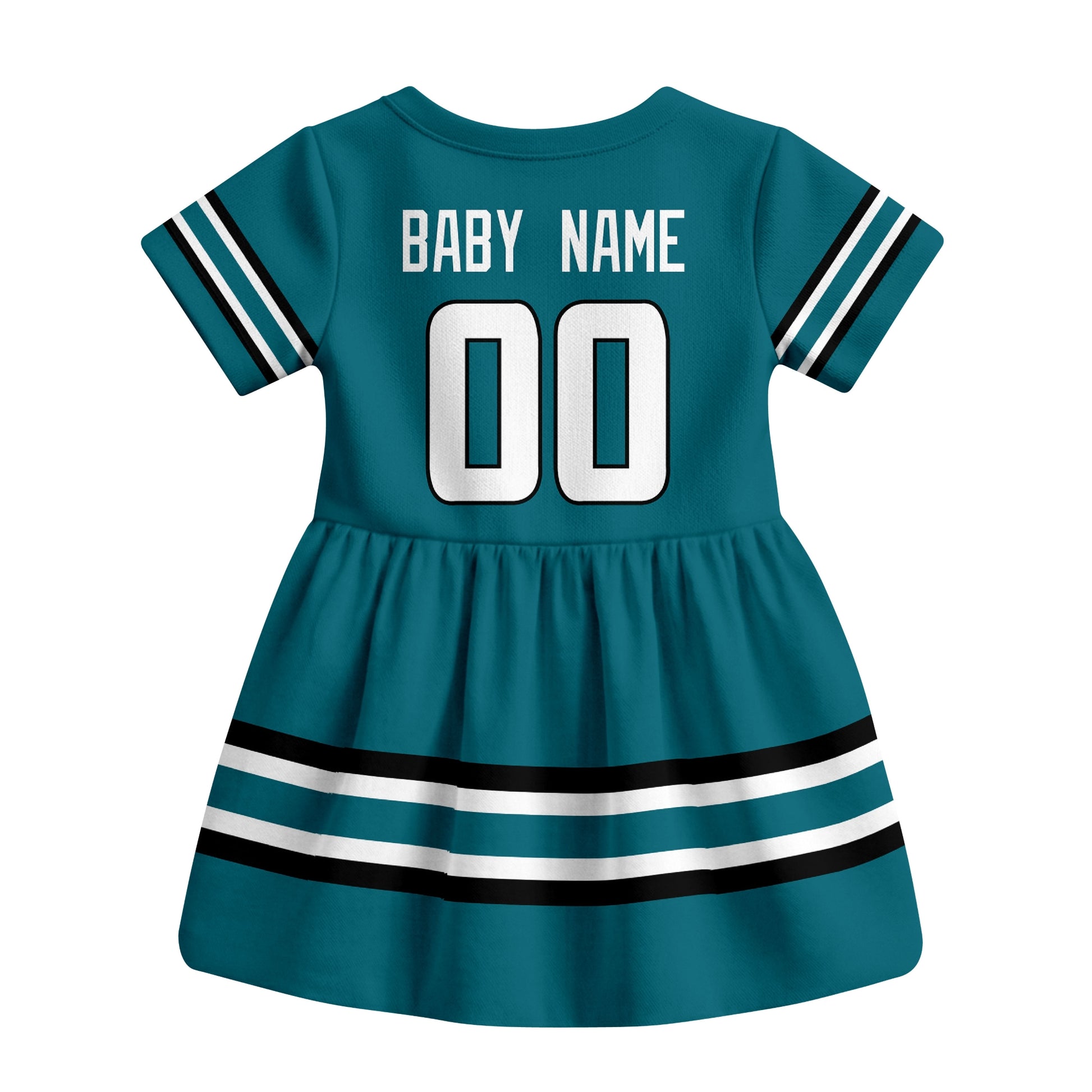 Teal San Jose hockey baby bodysuit dress back view with custom baby name and number
