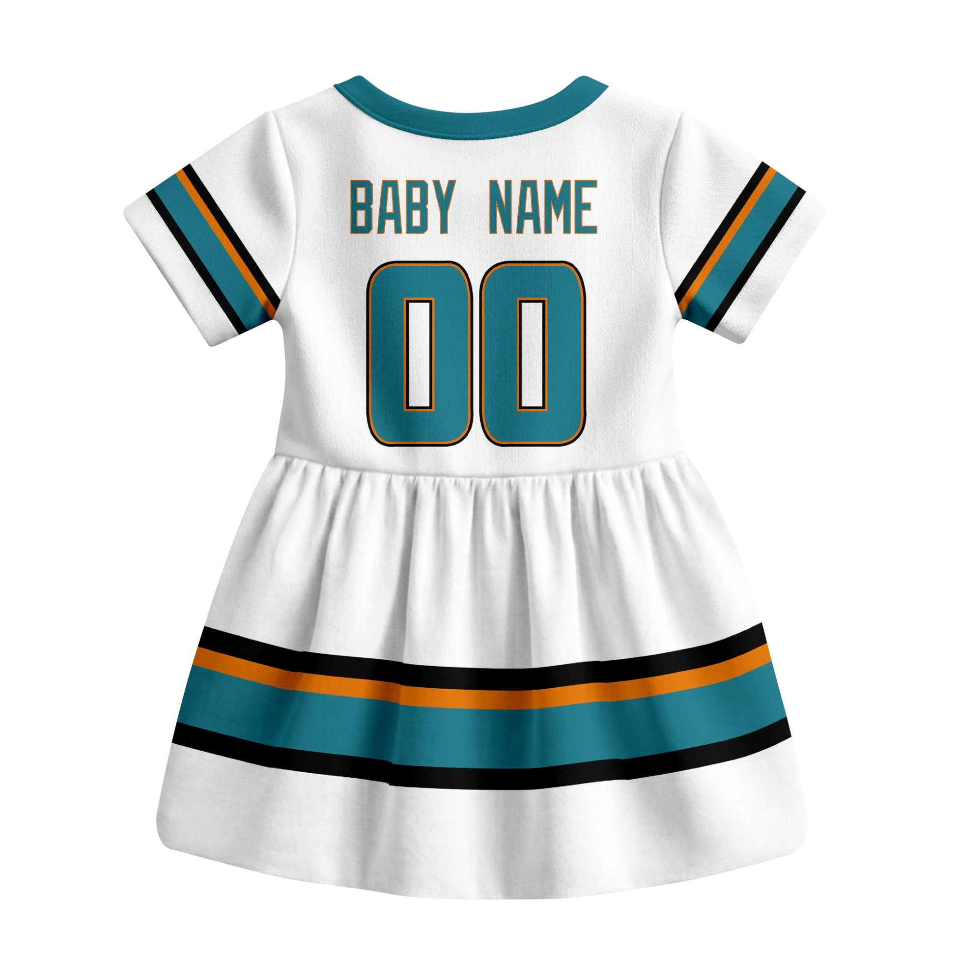 White San Jose hockey baby bodysuit dress back view with custom baby name and number