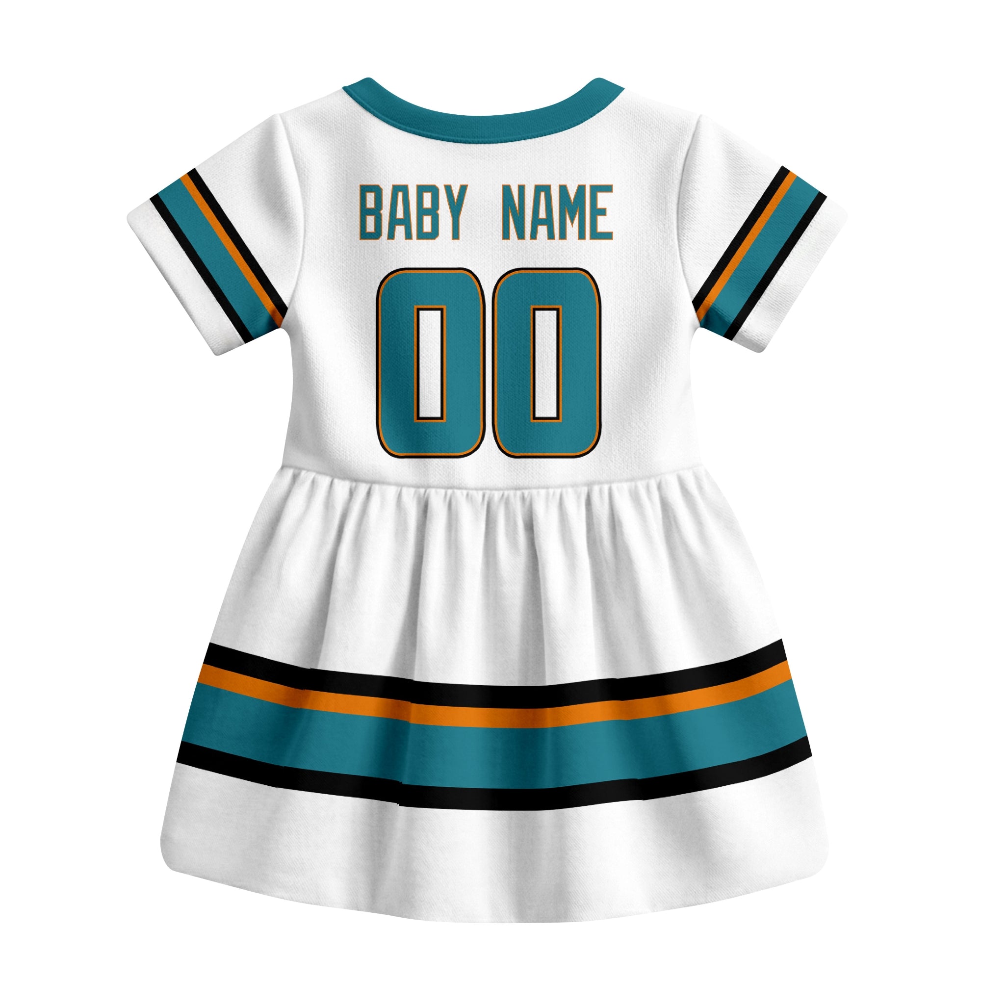 White San Jose hockey baby bodysuit dress back view with custom baby name and number