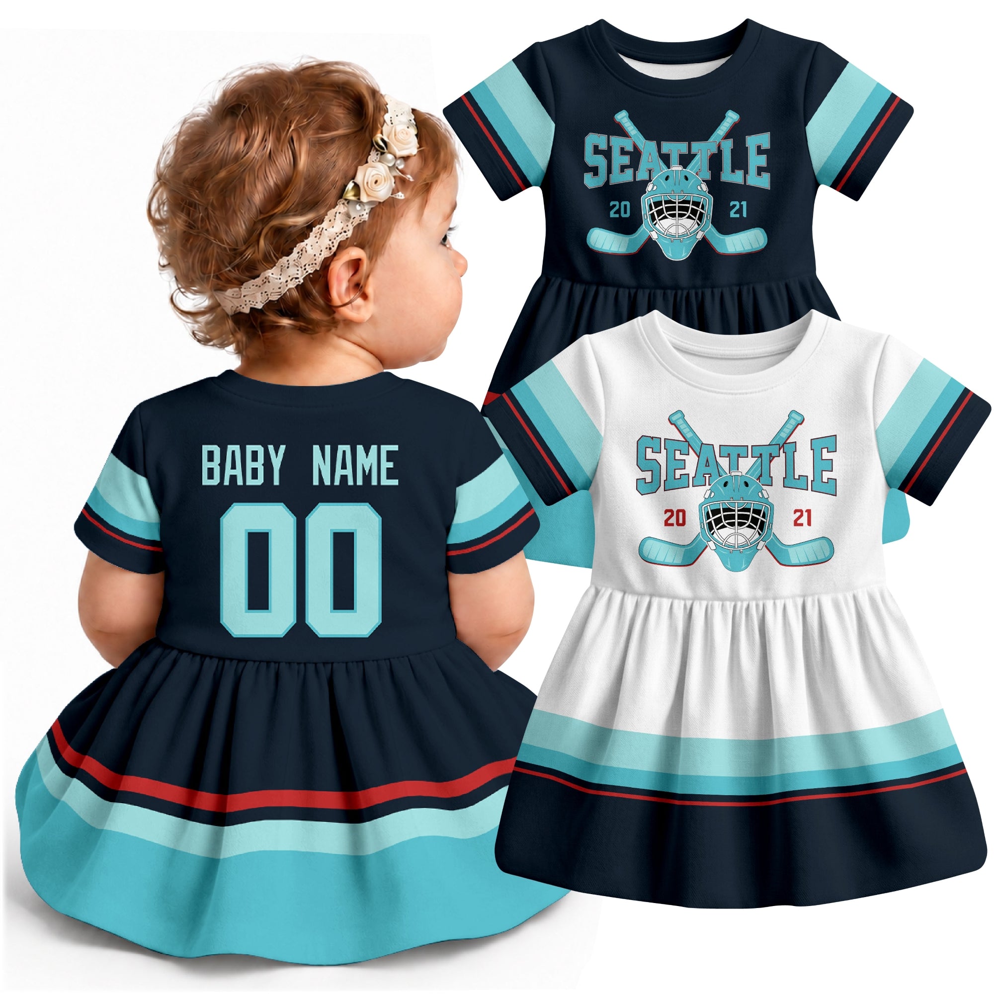 Personalized Seattle hockey baby bodysuit dress shown on baby with Blue and White city-color styles