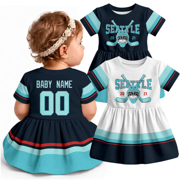Personalized Seattle hockey baby bodysuit dress shown on baby with Blue and White city-color styles
