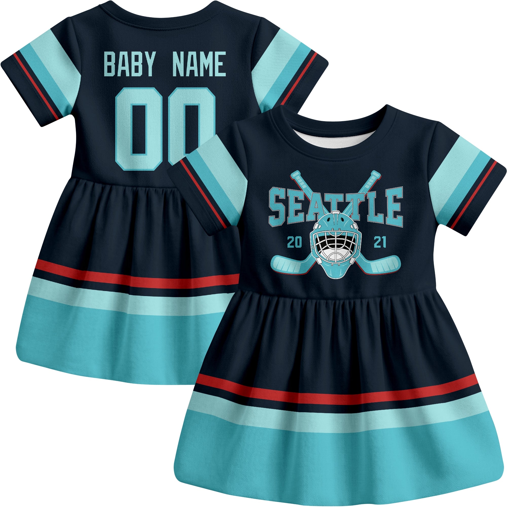 Seattle hockey baby bodysuit dress Blue style front and back view