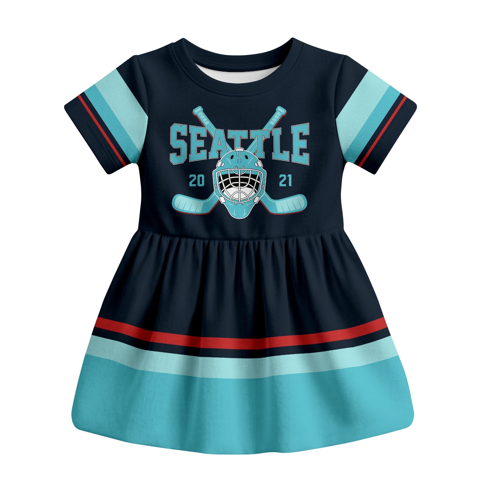 Blue Seattle hockey baby bodysuit dress front view