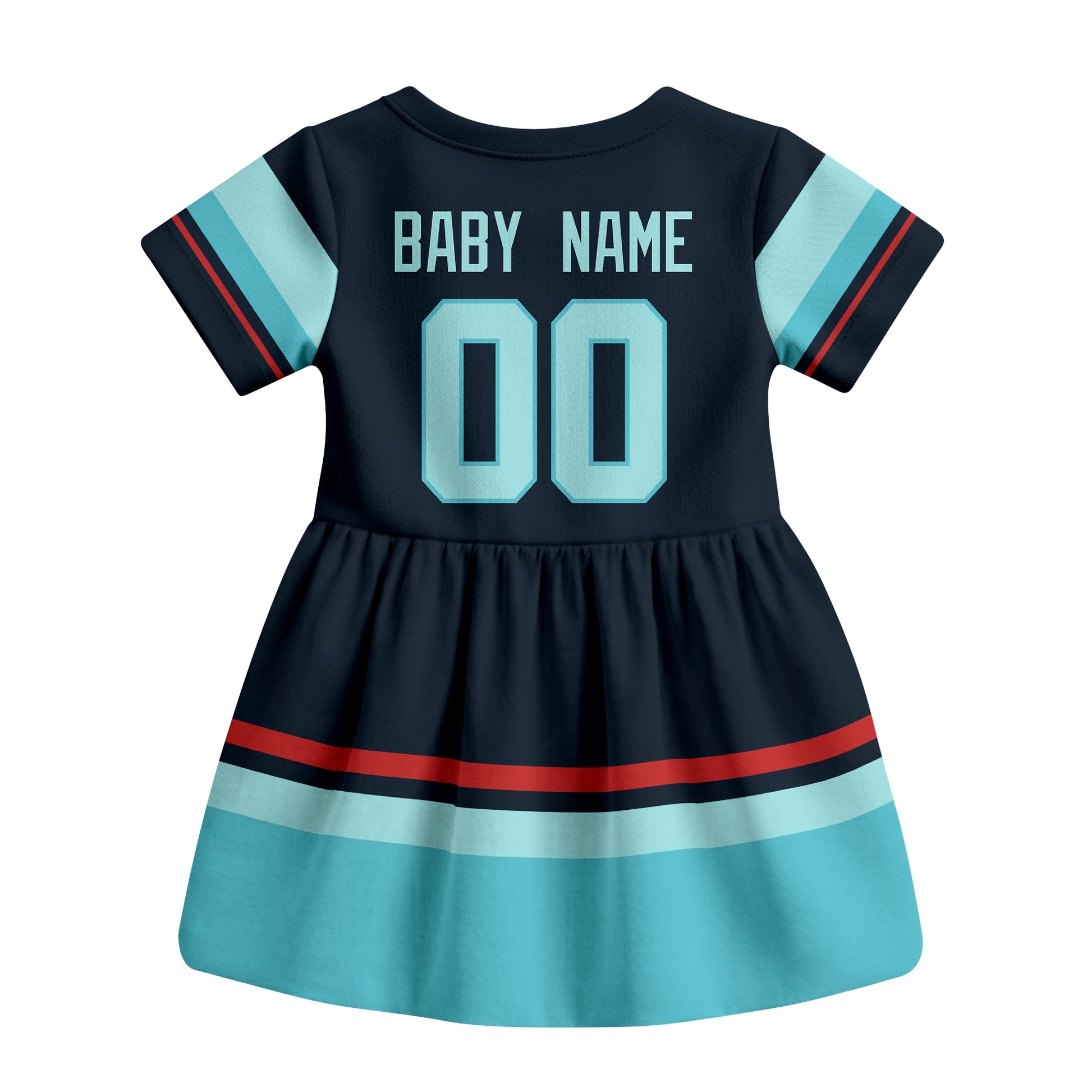Blue Seattle hockey baby bodysuit dress back view with custom baby name and number