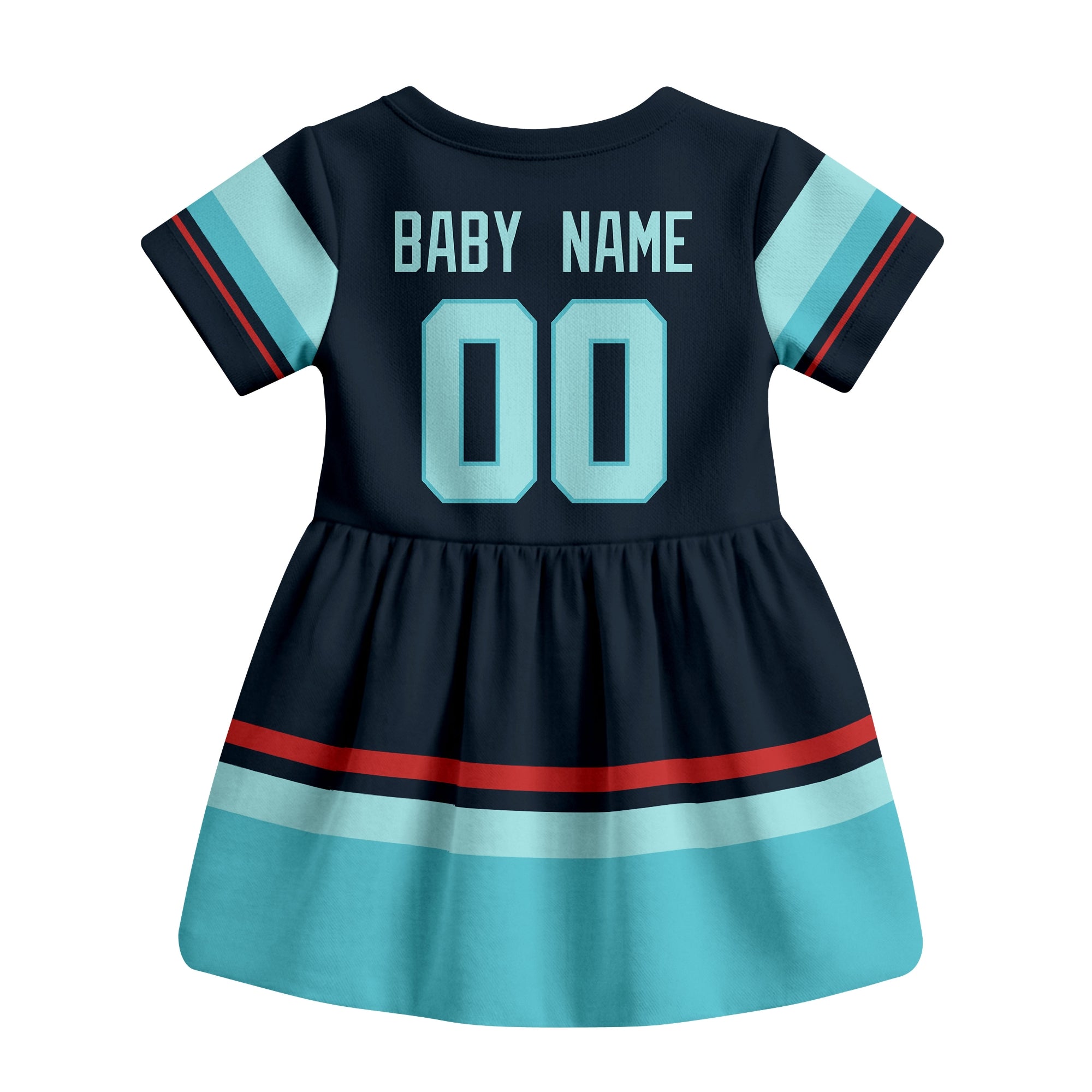 Blue Seattle hockey baby bodysuit dress back view with custom baby name and number