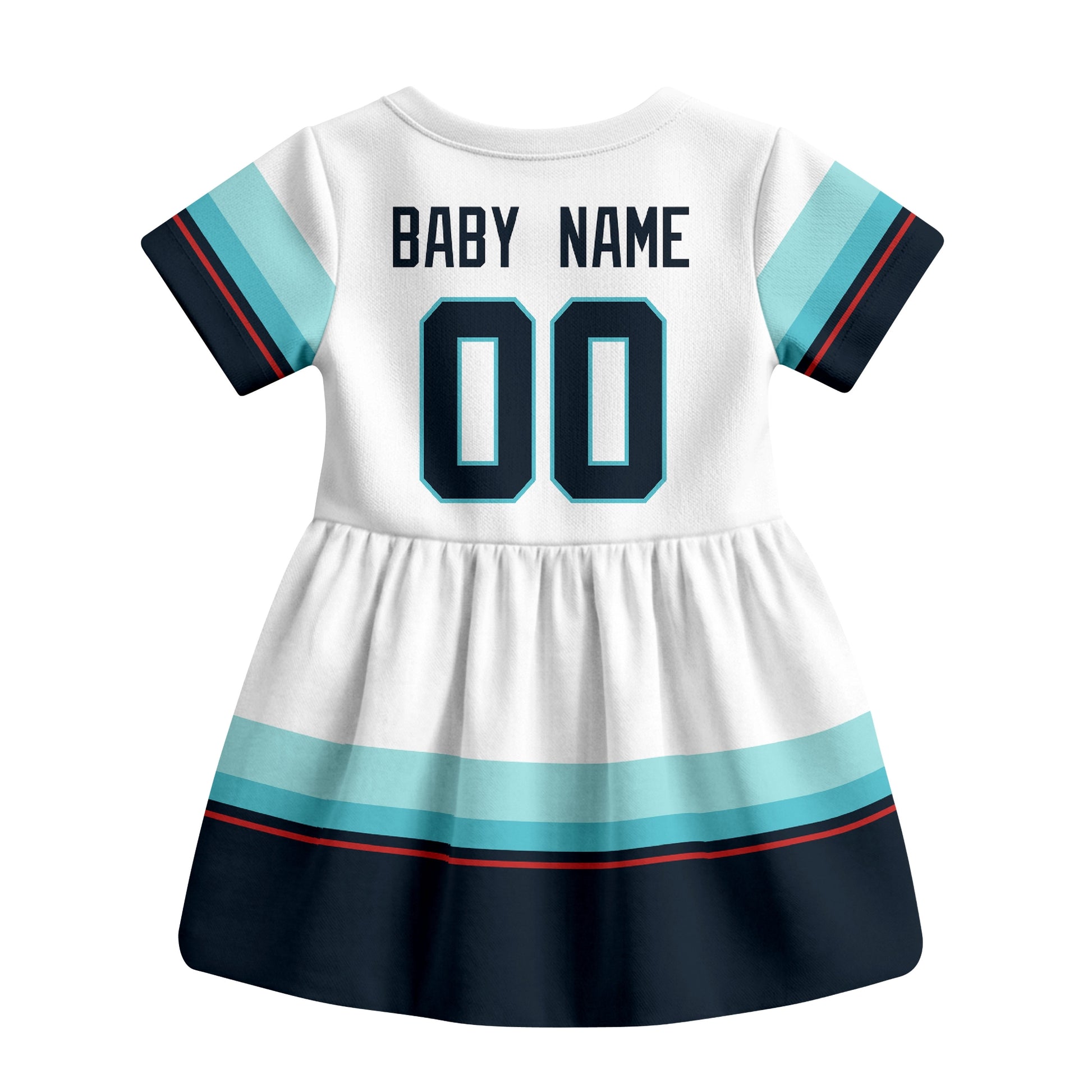 White Seattle hockey baby bodysuit dress back view with custom baby name and number