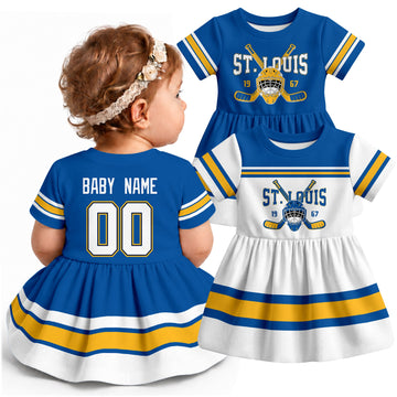 Personalized St. Louis hockey baby bodysuit dress shown on baby with Blue and White city-color styles