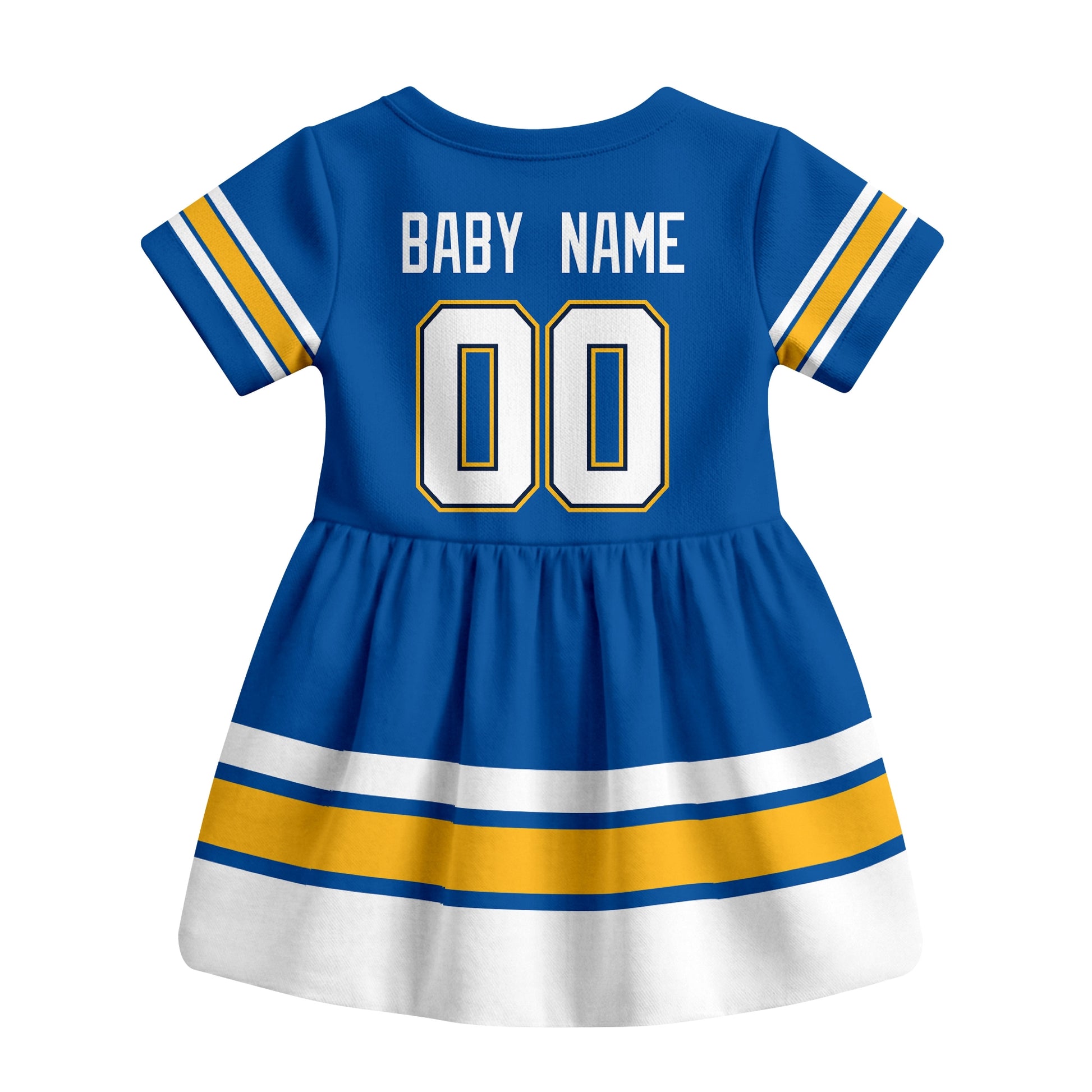 Blue St. Louis hockey baby bodysuit dress back view with custom baby name and number