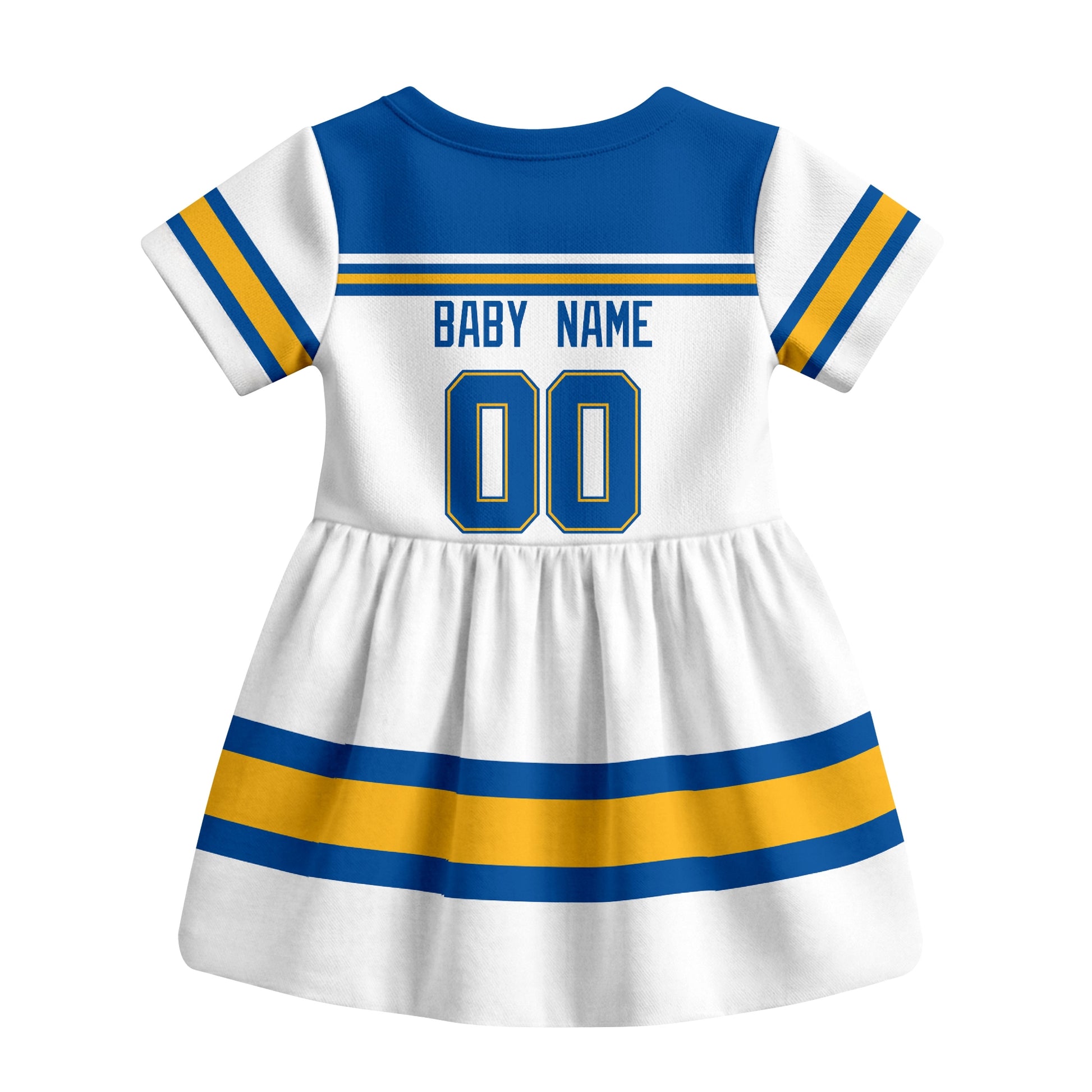 White St. Louis hockey baby bodysuit dress back view with custom baby name and number